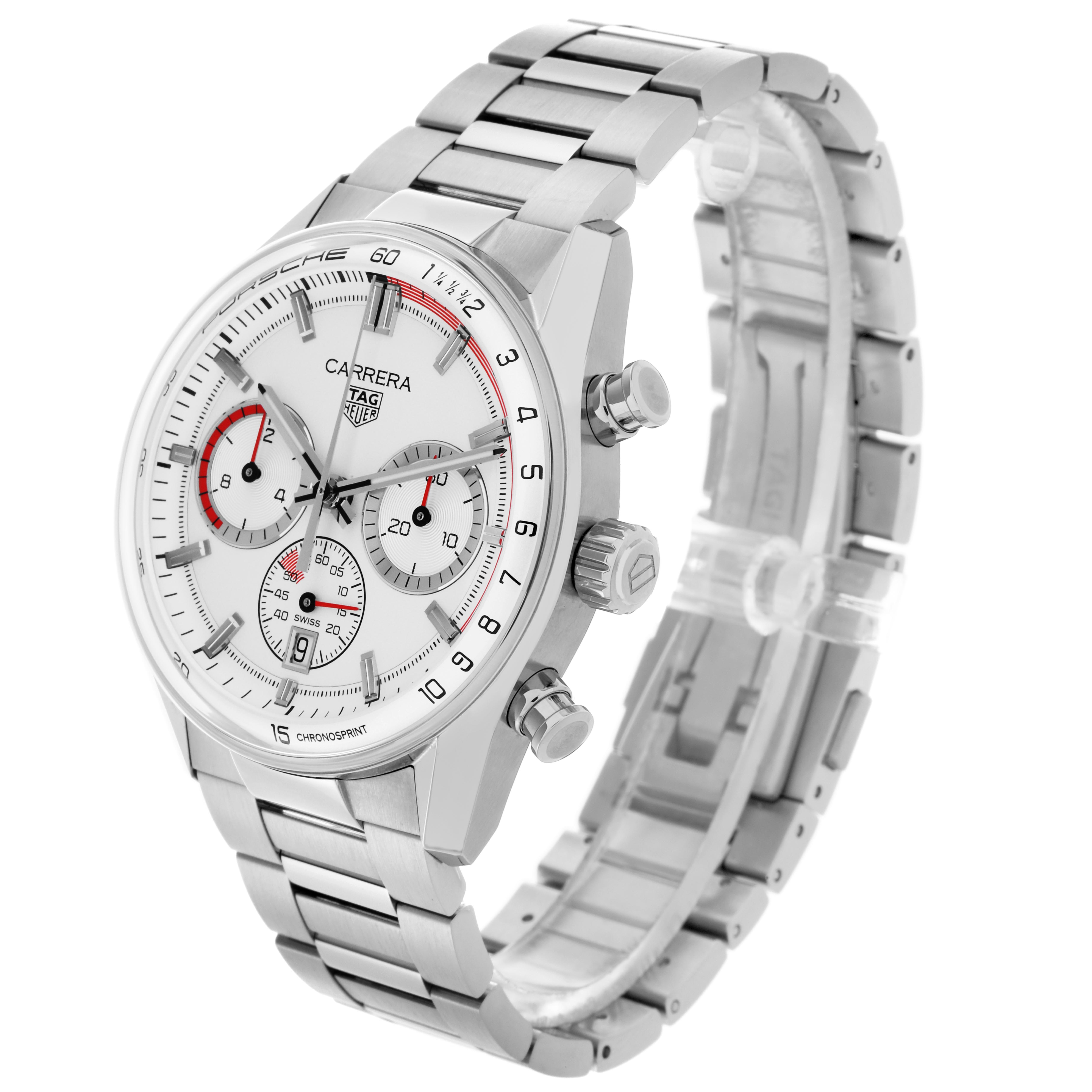 The Tag Heuer Carrera CBS2011.FC6529 Men's Stainless Steel Silver Dial CBS2011.FC6529 Men's Stainless Steel Silver Dial watch is shown at an angled side view, displaying the face, bezel, and bracelet.