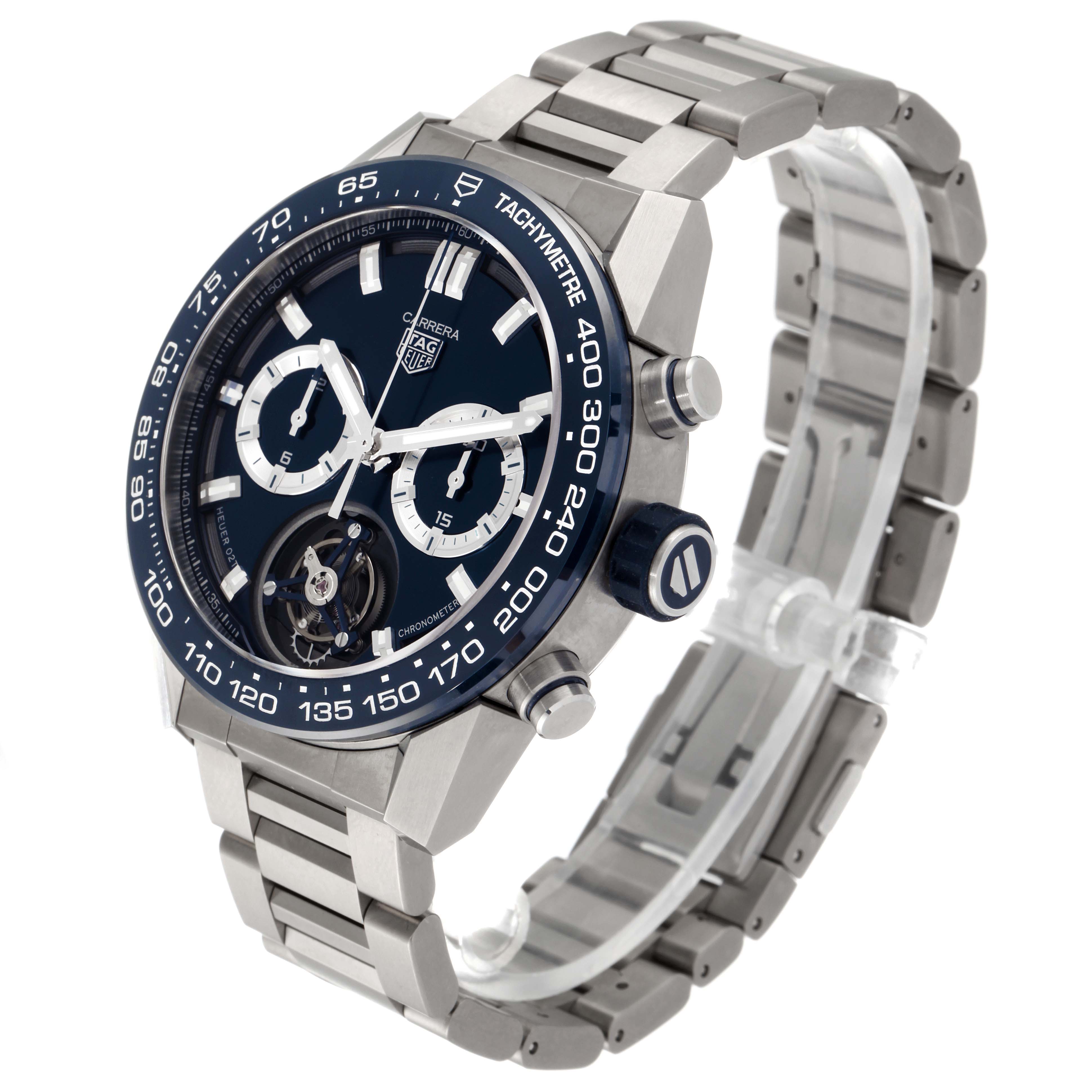 The image shows a Tag Heuer Carrera CAR5A8C.BF0707 Men's Titanium Blue Dial CAR5A8C.BF0707 Men's Titanium Blue Dial watch angled from the front-right, highlighting its face, bezel, and metal bracelet.