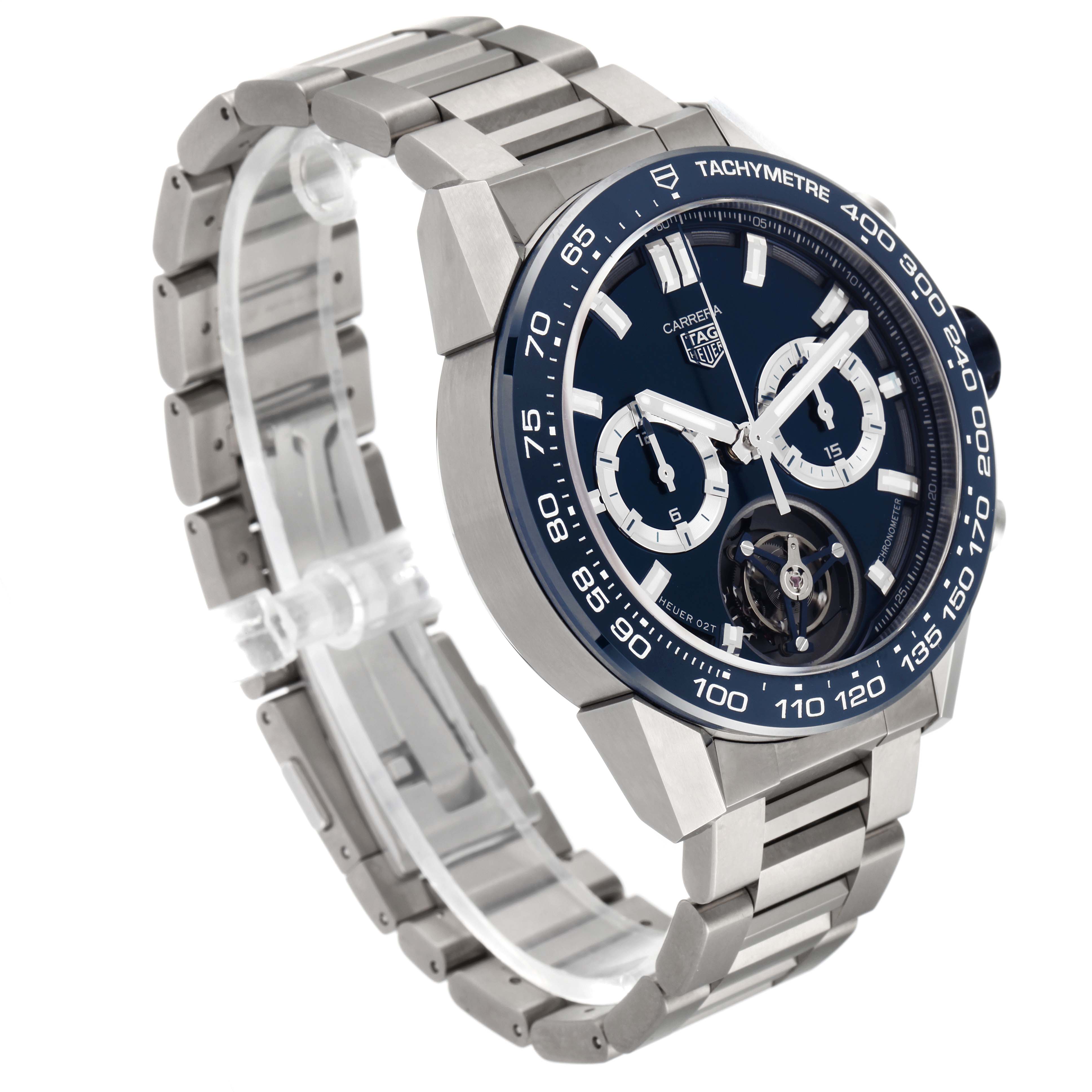 The Tag Heuer Carrera CAR5A8C.BF0707 Men's Titanium Blue Dial CAR5A8C.BF0707 Men's Titanium Blue Dial watch is shown at a slight angle, highlighting the face, bezel, and bracelet.