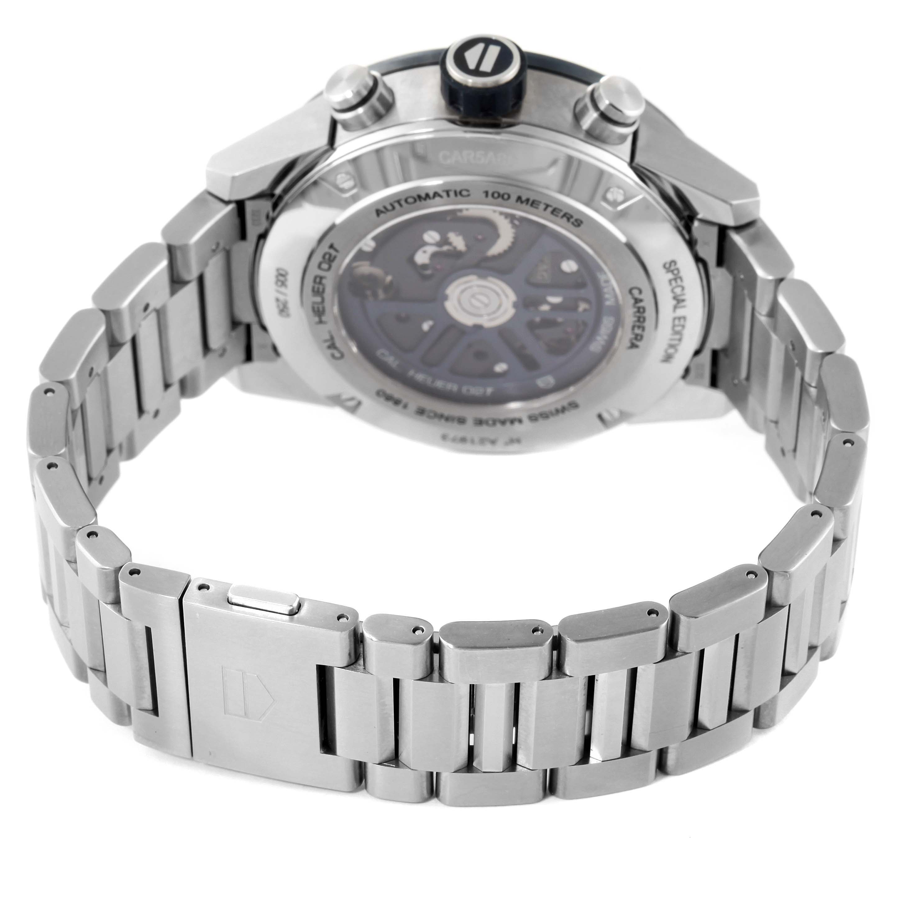 This image shows the back view of the Tag Heuer Carrera CAR5A8C.BF0707 Men's Titanium Blue Dial CAR5A8C.BF0707 Men's Titanium Blue Dial model watch, highlighting its stainless steel bracelet and transparent case back.