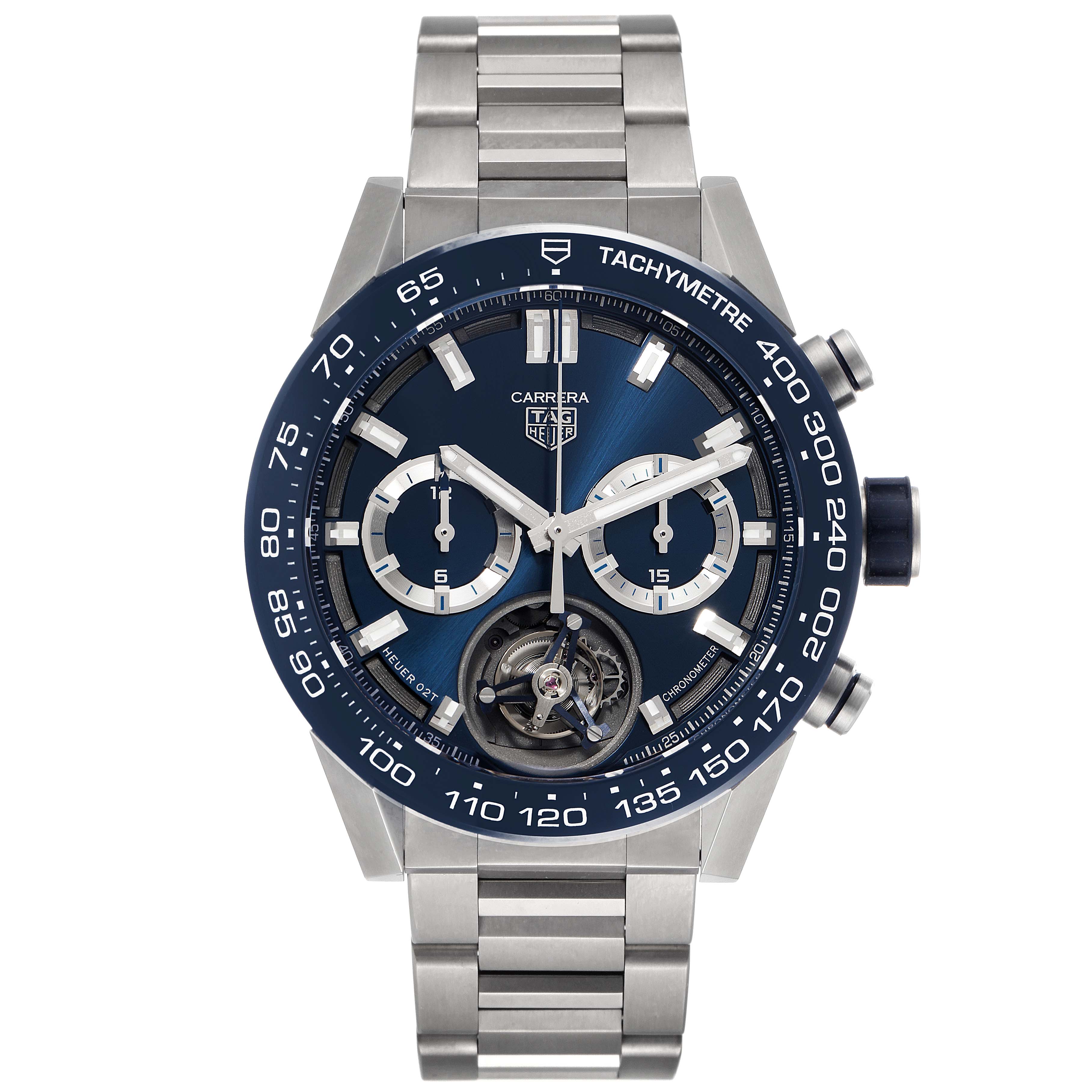 The image shows a front view of a Tag Heuer Carrera CAR5A8C.BF0707 Men's Titanium Blue Dial CAR5A8C.BF0707 Men's Titanium Blue Dial watch, featuring a blue dial, chronograph subdials, tachymeter bezel, and a metal bracelet.