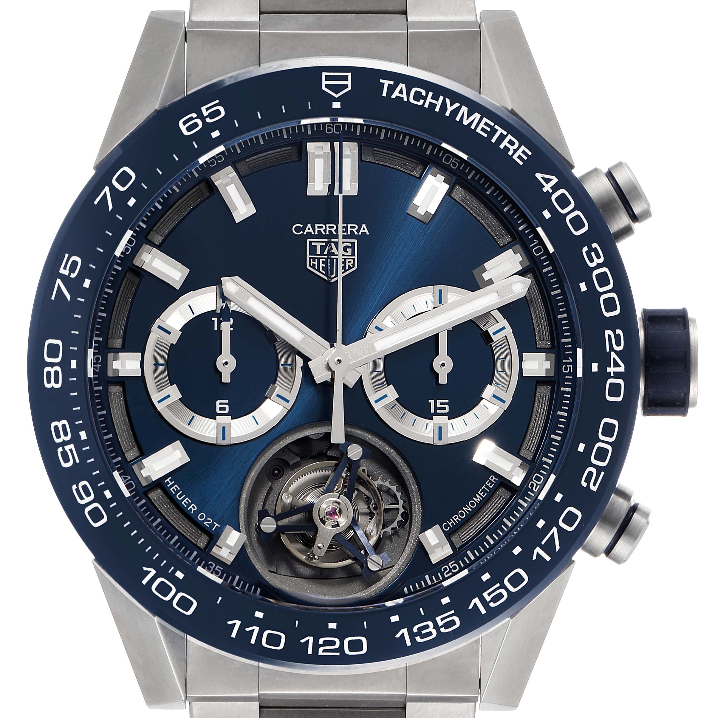 The image shows a close-up view of the dial and bezel of the Tag Heuer Carrera CAR5A8C.BF0707 Men's Titanium Blue Dial CAR5A8C.BF0707 Men's Titanium Blue Dial watch, including its sub-dials and tachymeter.