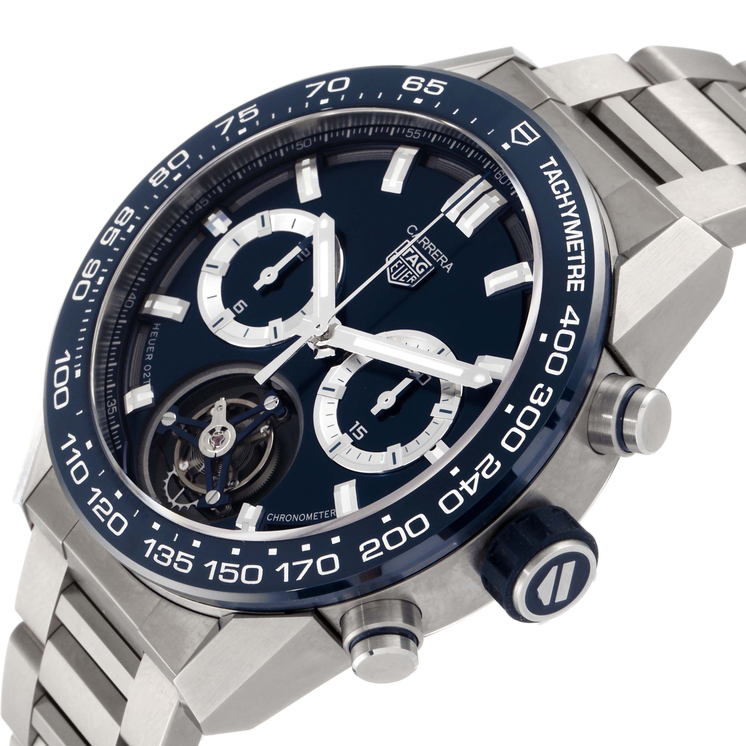 The image shows a side angle of the Tag Heuer Carrera CAR5A8C.BF0707 Men's Titanium Blue Dial CAR5A8C.BF0707 Men's Titanium Blue Dial watch, displaying the face, chronographs, bezel, and part of the bracelet.