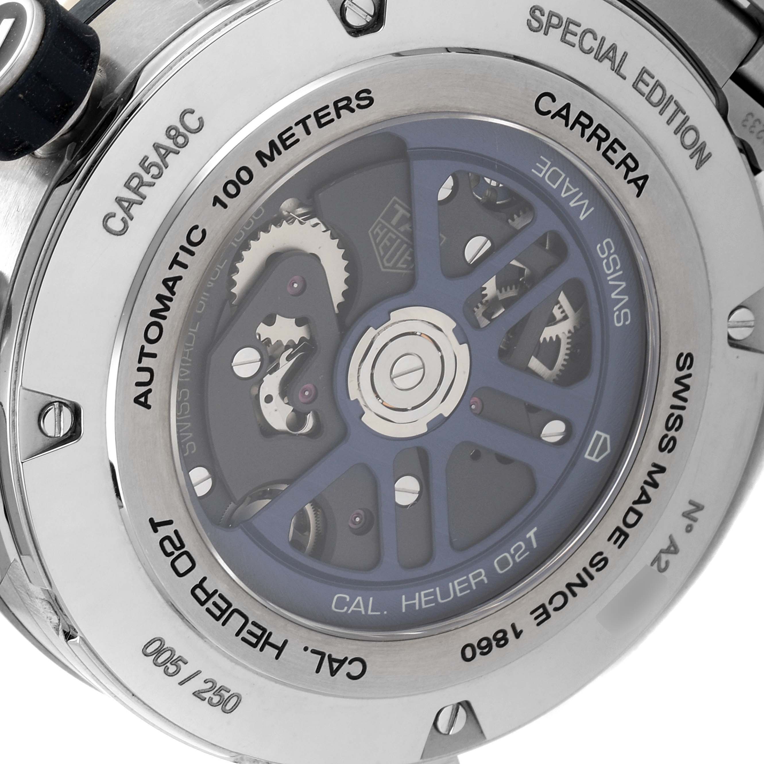 The image shows the back view of a Tag Heuer Carrera CAR5A8C.BF0707 Men's Titanium Blue Dial CAR5A8C.BF0707 Men's Titanium Blue Dial watch, highlighting its automatic movement and Special Edition details.