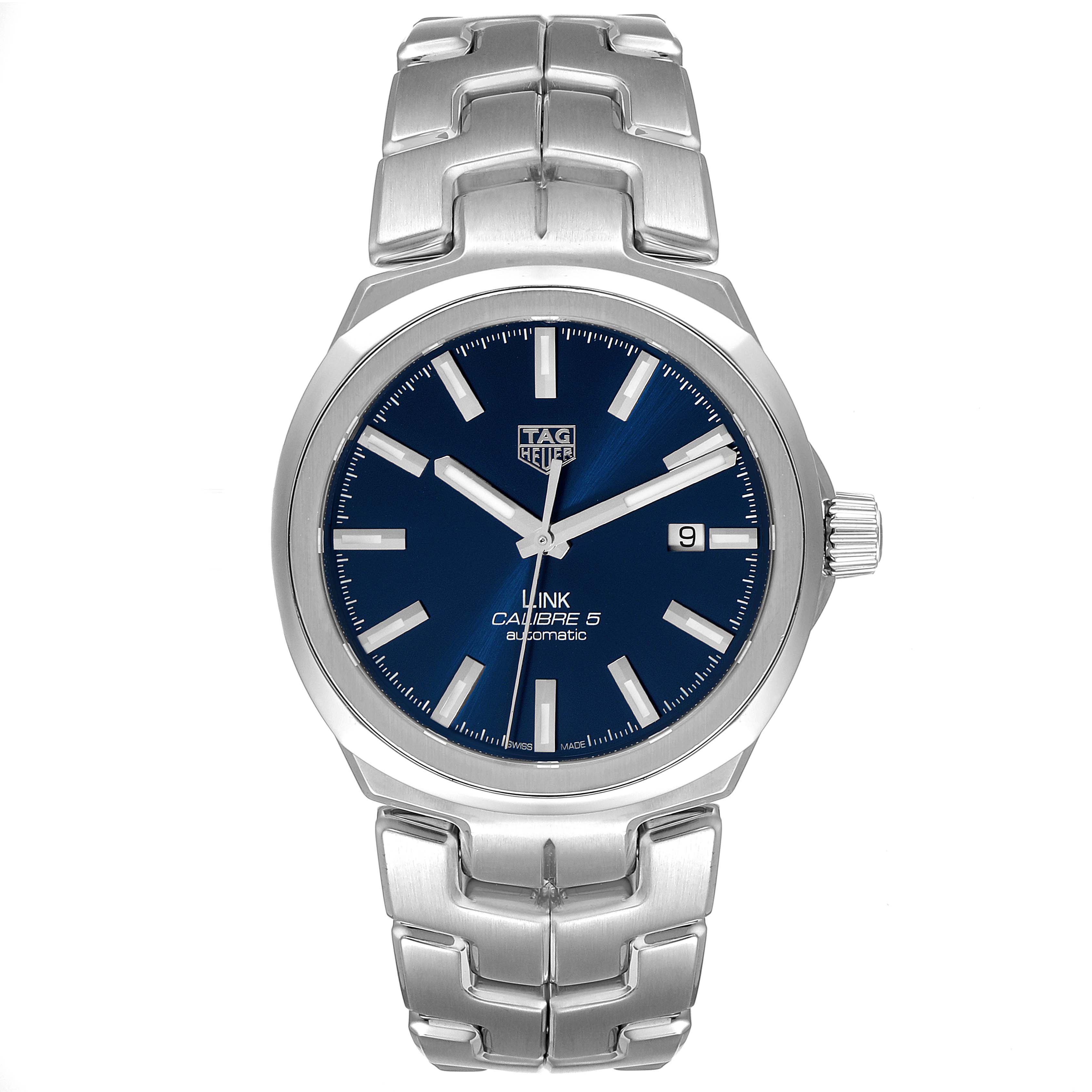 This image shows a front view of the Tag Heuer Link WBC2112.BA0603 Men's Stainless Steel Blue Dial WBC2112.BA0603 Men's Stainless Steel Blue Dial model watch, displaying its dial, bezel, case, and bracelet.