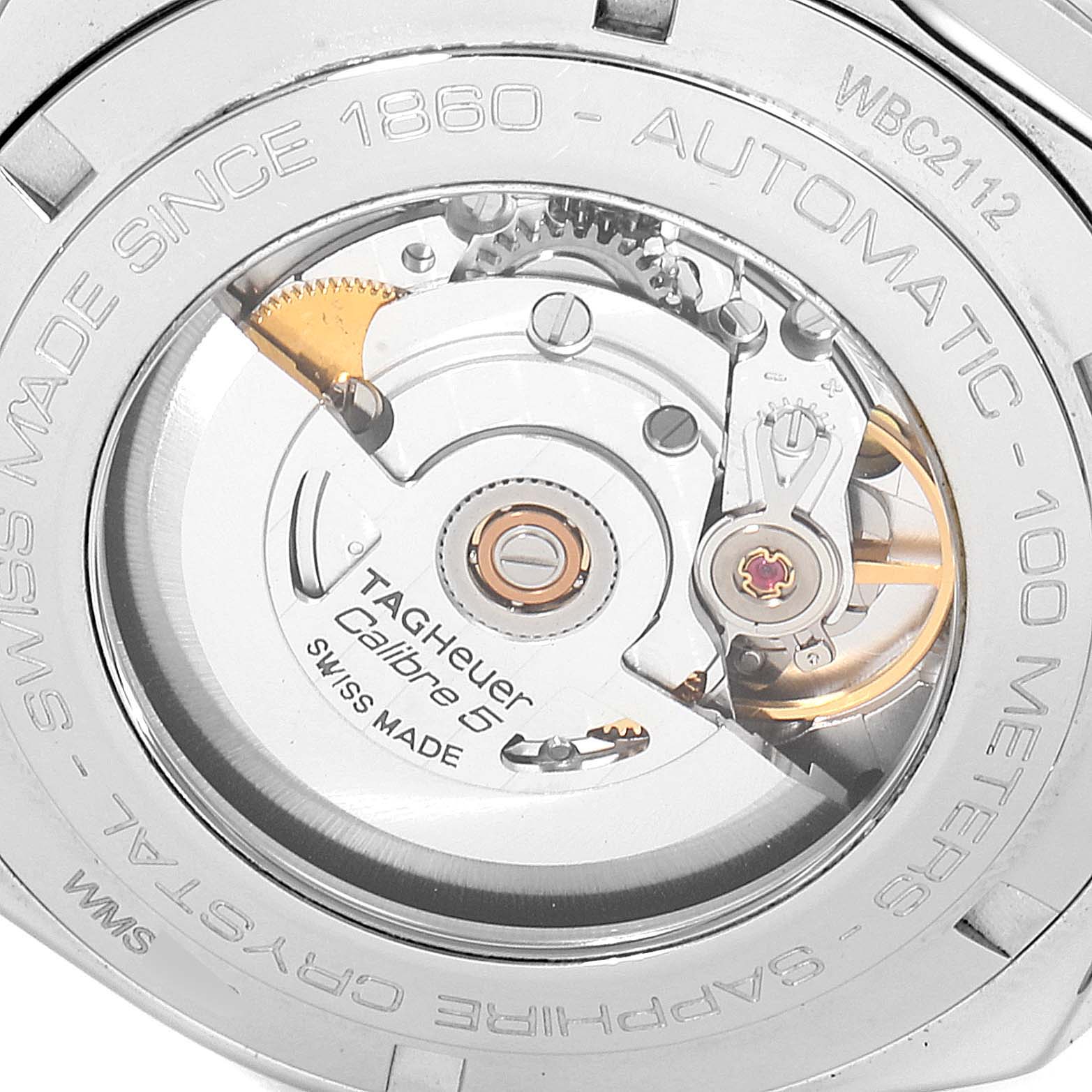 The image shows the back of the Tag Heuer Link WBC2112.BA0603 Men's Stainless Steel Blue Dial WBC2112.BA0603 Men's Stainless Steel Blue Dial model watch, displaying its Calibre 5 automatic movement.