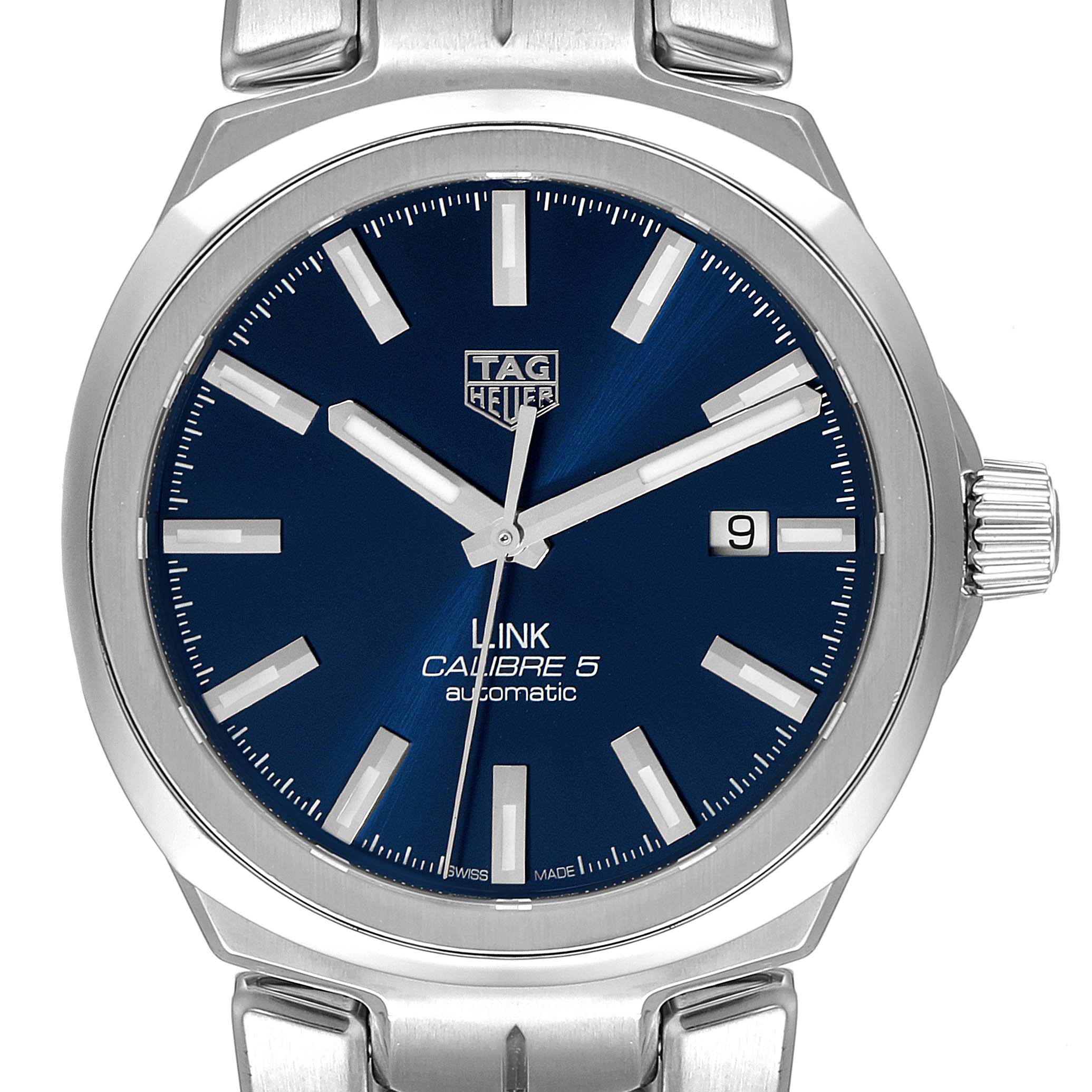 The image shows a close-up, front view of the Tag Heuer Link WBC2112.BA0603 Men's Stainless Steel Blue Dial WBC2112.BA0603 Men's Stainless Steel Blue Dial Calibre 5 watch, highlighting its blue dial, stainless steel case, and date display.
