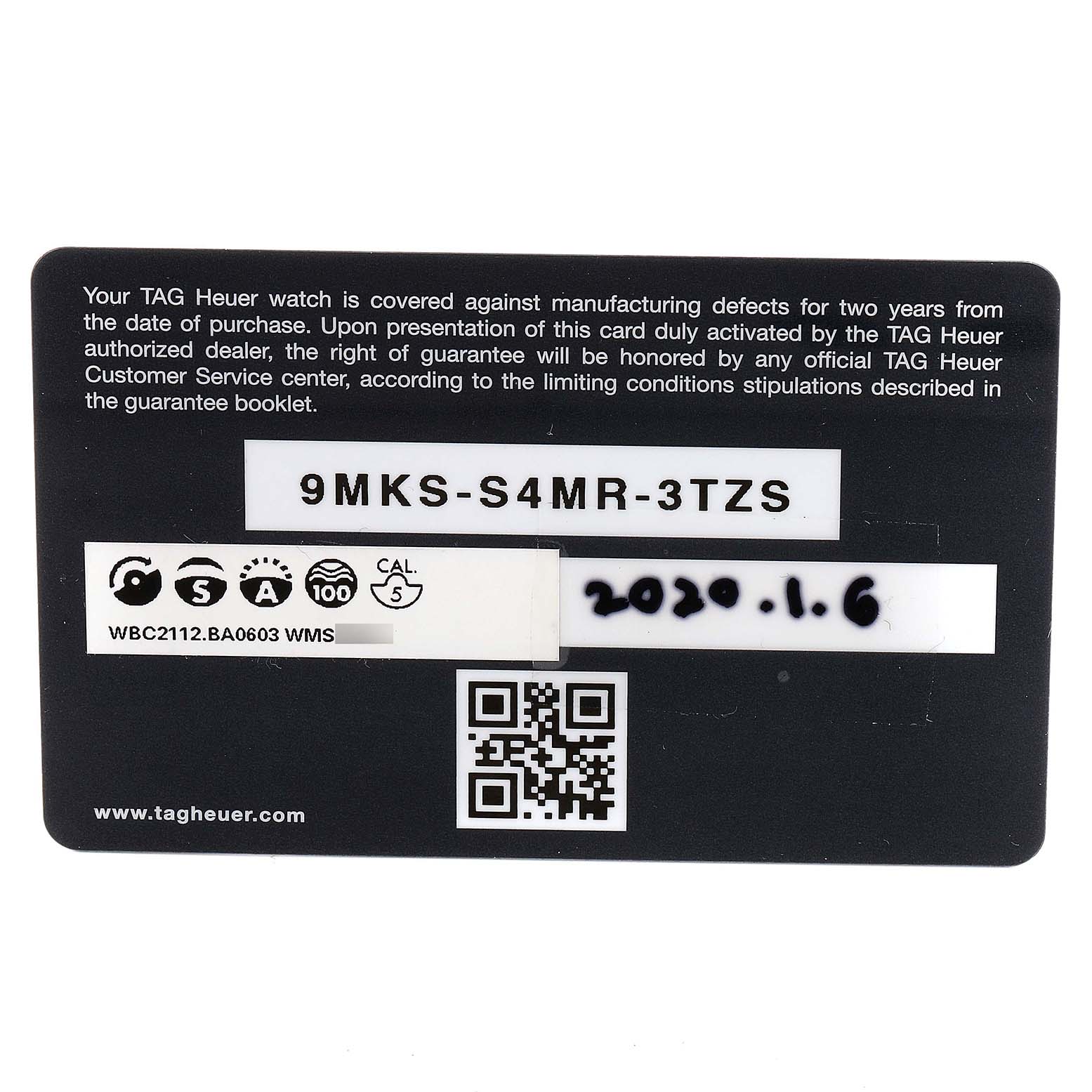This is the warranty card for the Tag Heuer Link WBC2112.BA0603 Men's Stainless Steel Blue Dial WBC2112.BA0603 Men's Stainless Steel Blue Dial model watch, displayed front-on.