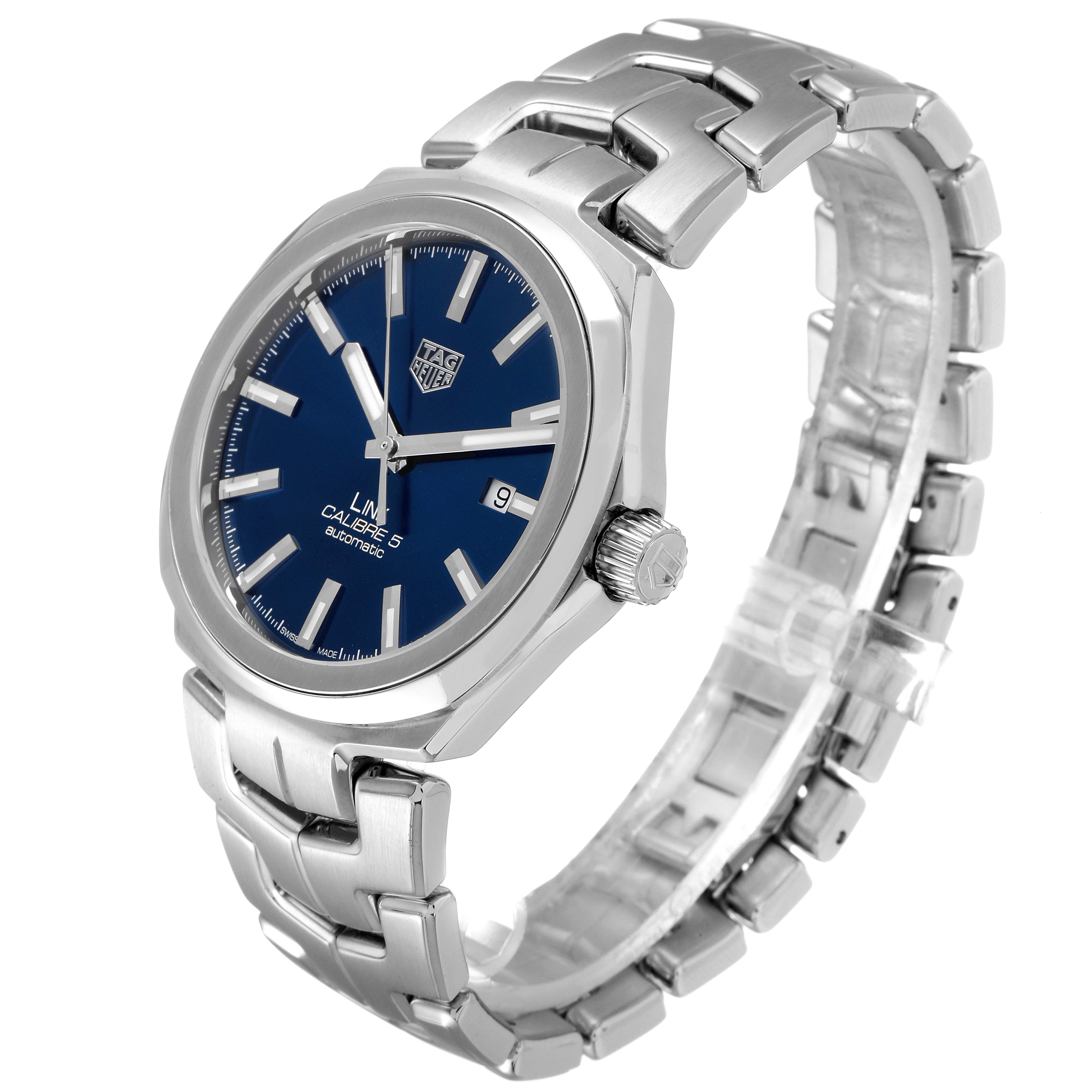 The image shows a Tag Heuer Link WBC2112.BA0603 Men's Stainless Steel Blue Dial WBC2112.BA0603 Men's Stainless Steel Blue Dial model watch from an angled side view, highlighting the dial, bezel, crown, and bracelet.