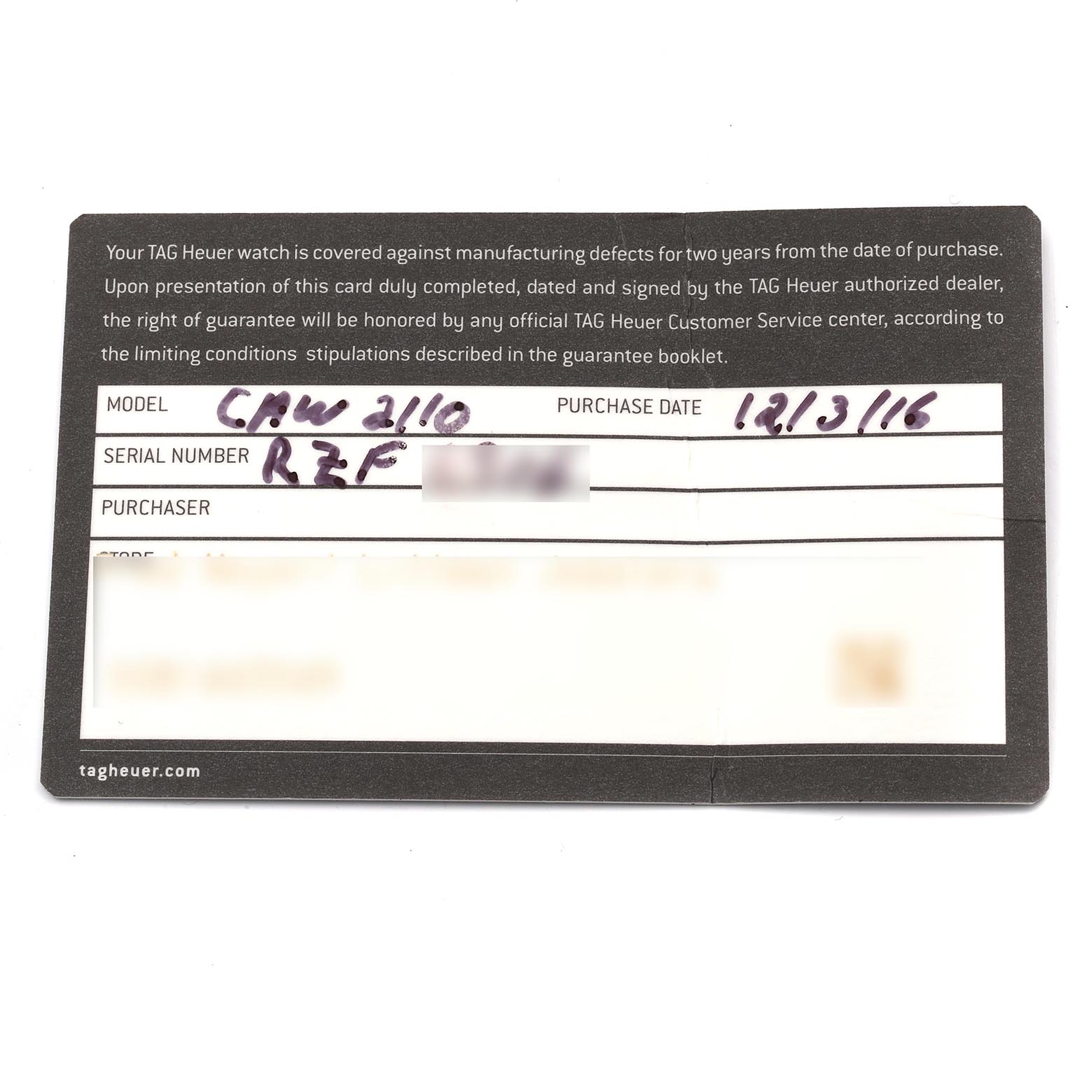 The image shows a Tag Heuer Monaco CAW2111-0 Men's Stainless Steel Blue Dial CAW2111-0 Men's Stainless Steel Blue Dial model warranty card with handwritten details.