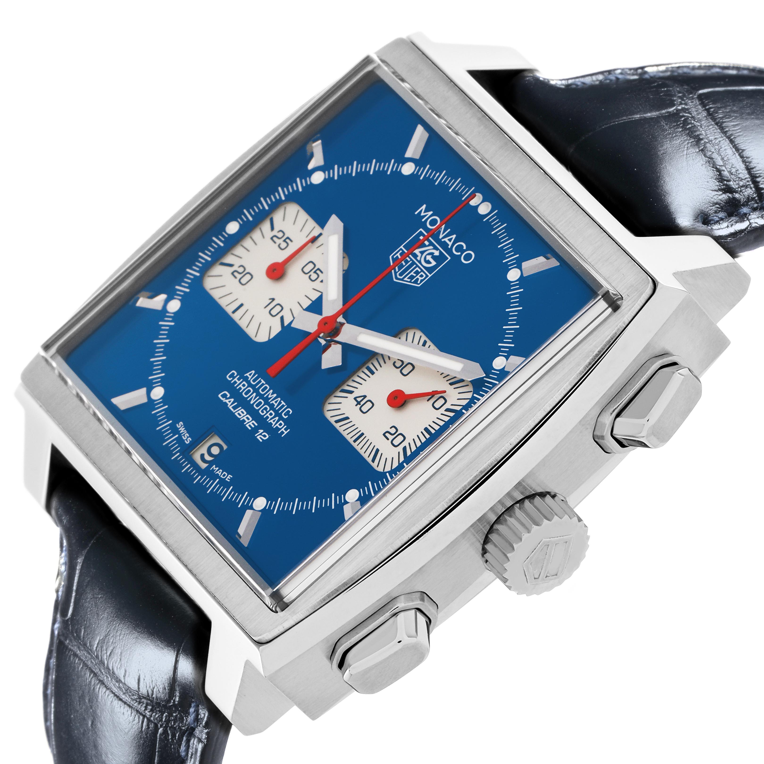 The Tag Heuer Monaco CAW2111-0 Men's Stainless Steel Blue Dial CAW2111-0 Men's Stainless Steel Blue Dial watch is shown at an angle highlighting its side, dial, crown, and pushers, with emphasis on the blue face.