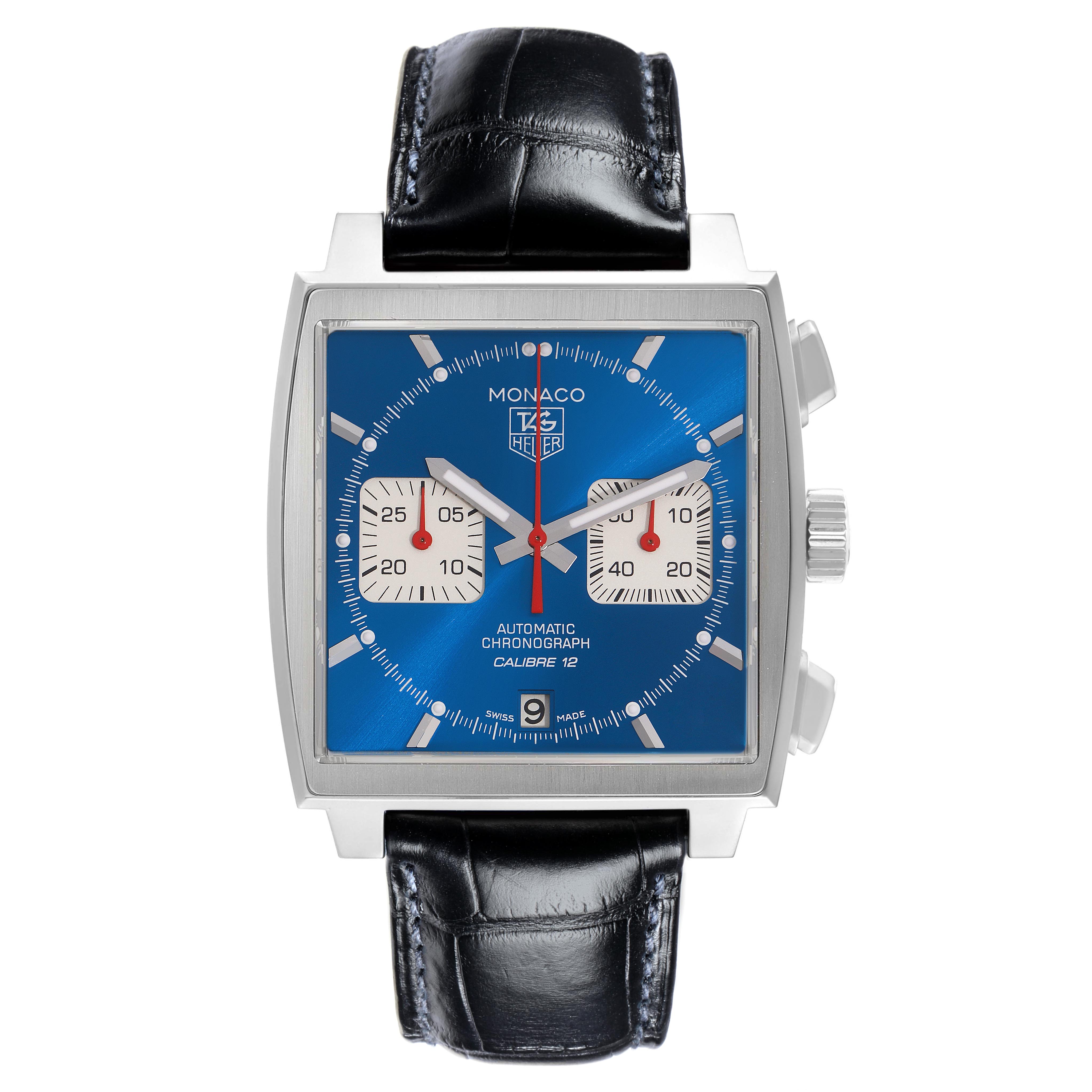 The image shows a front view of the Tag Heuer Monaco CAW2111-0 Men's Stainless Steel Blue Dial CAW2111-0 Men's Stainless Steel Blue Dial watch, highlighting its blue dial, chronograph subdials, and black leather strap.