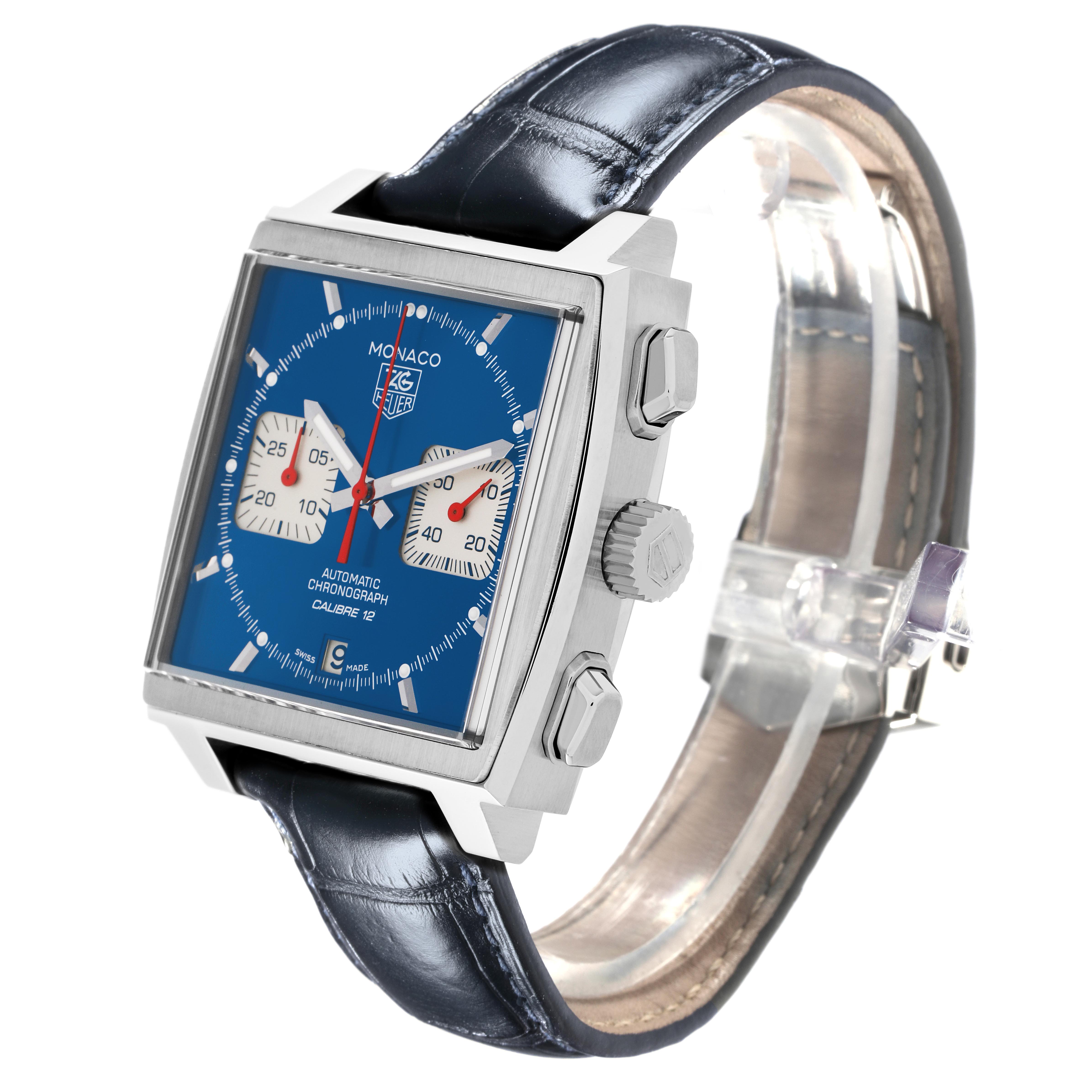 The Tag Heuer Monaco CAW2111-0 Men's Stainless Steel Blue Dial CAW2111-0 Men's Stainless Steel Blue Dial watch is shown at an angle highlighting the face, case, crown, pushers, and strap.