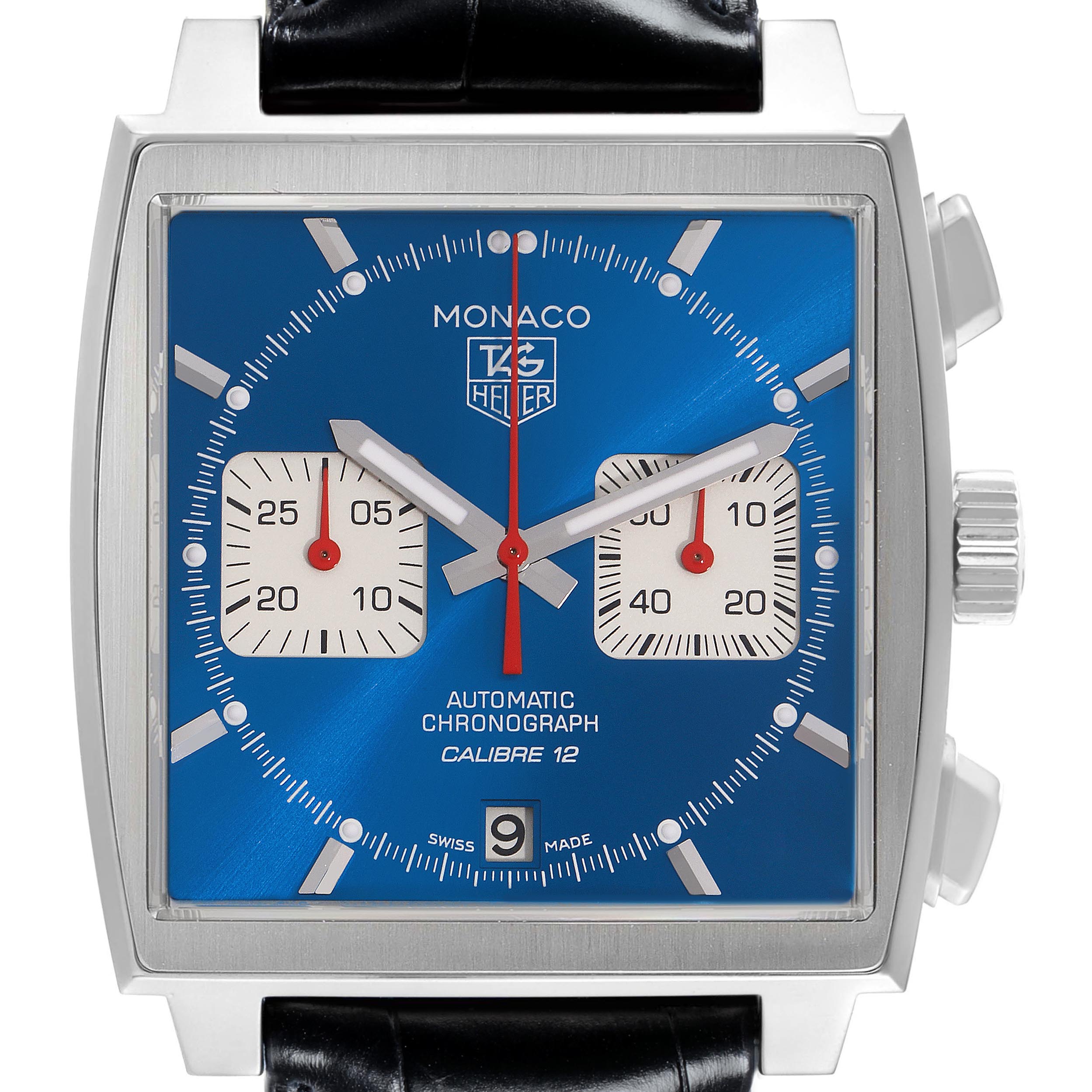 The Tag Heuer Monaco CAW2111-0 Men's Stainless Steel Blue Dial CAW2111-0 Men's Stainless Steel Blue Dial watch is shown from the front, highlighting the blue dial, sub-dials, and black strap.