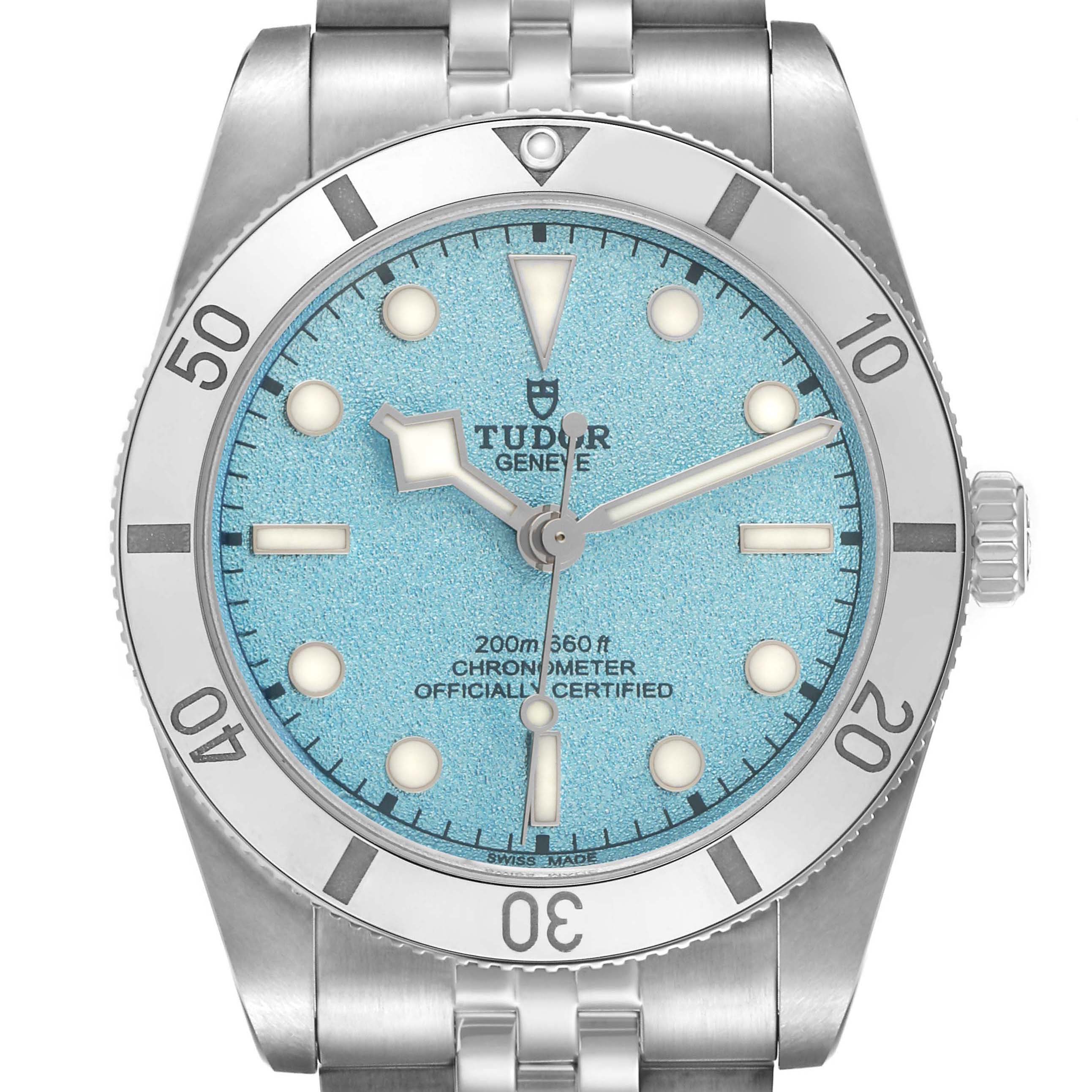 The Tudor Big Block M79000-0001 Men's Stainless Steel Blue Dial watch is shown from the front, displaying the dial, bezel, and part of the bracelet.