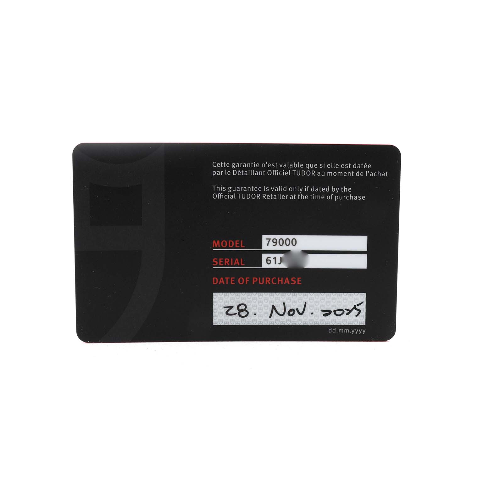 The image shows a warranty card for a Tudor Big Block M79000-0001 Men's Stainless Steel Blue Dial model 79000, displaying serial number and purchase date.