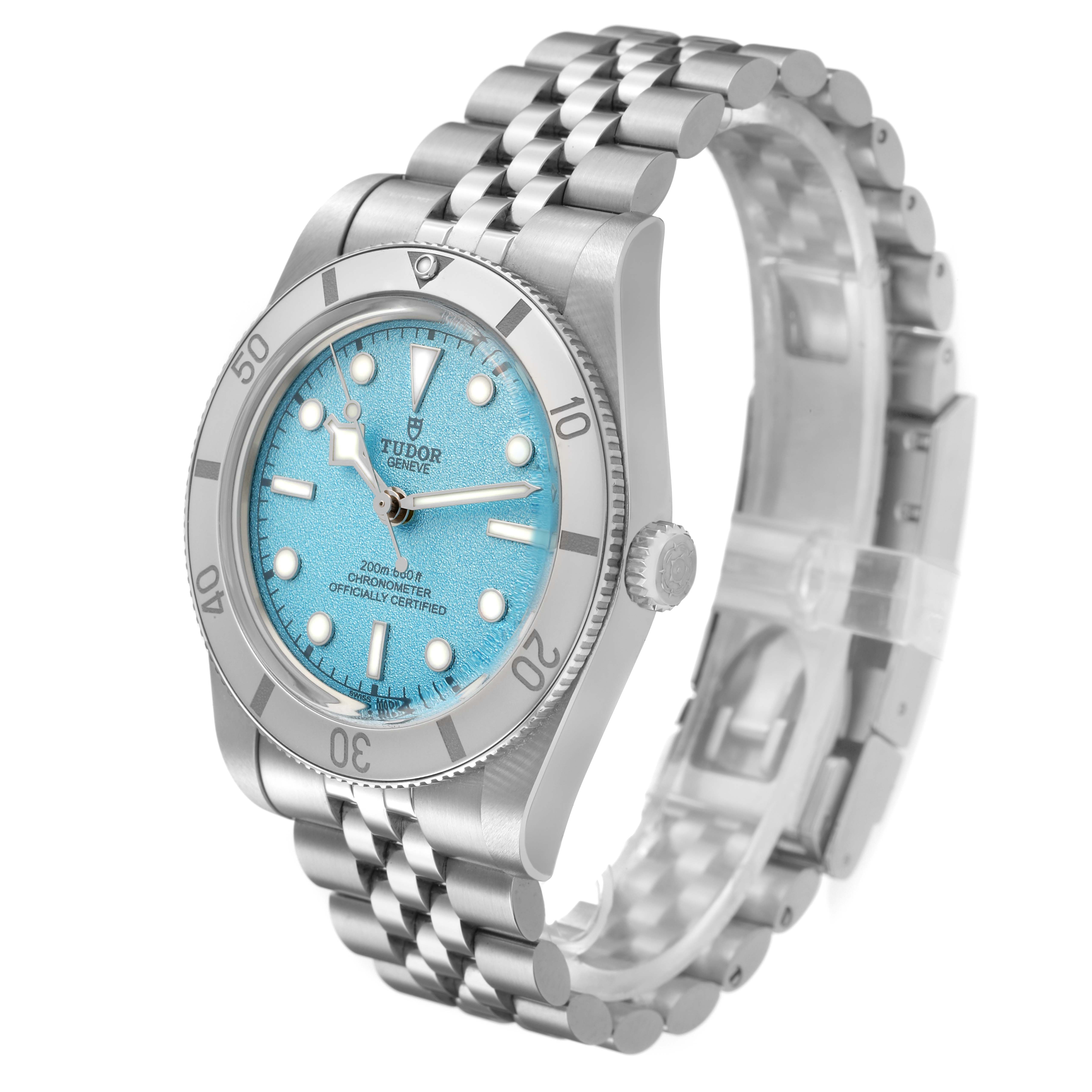 The Tudor Big Block M79000-0001 Men's Stainless Steel Blue Dial watch is shown at a three-quarter angle, highlighting the watch face, bezel, crown, and bracelet.