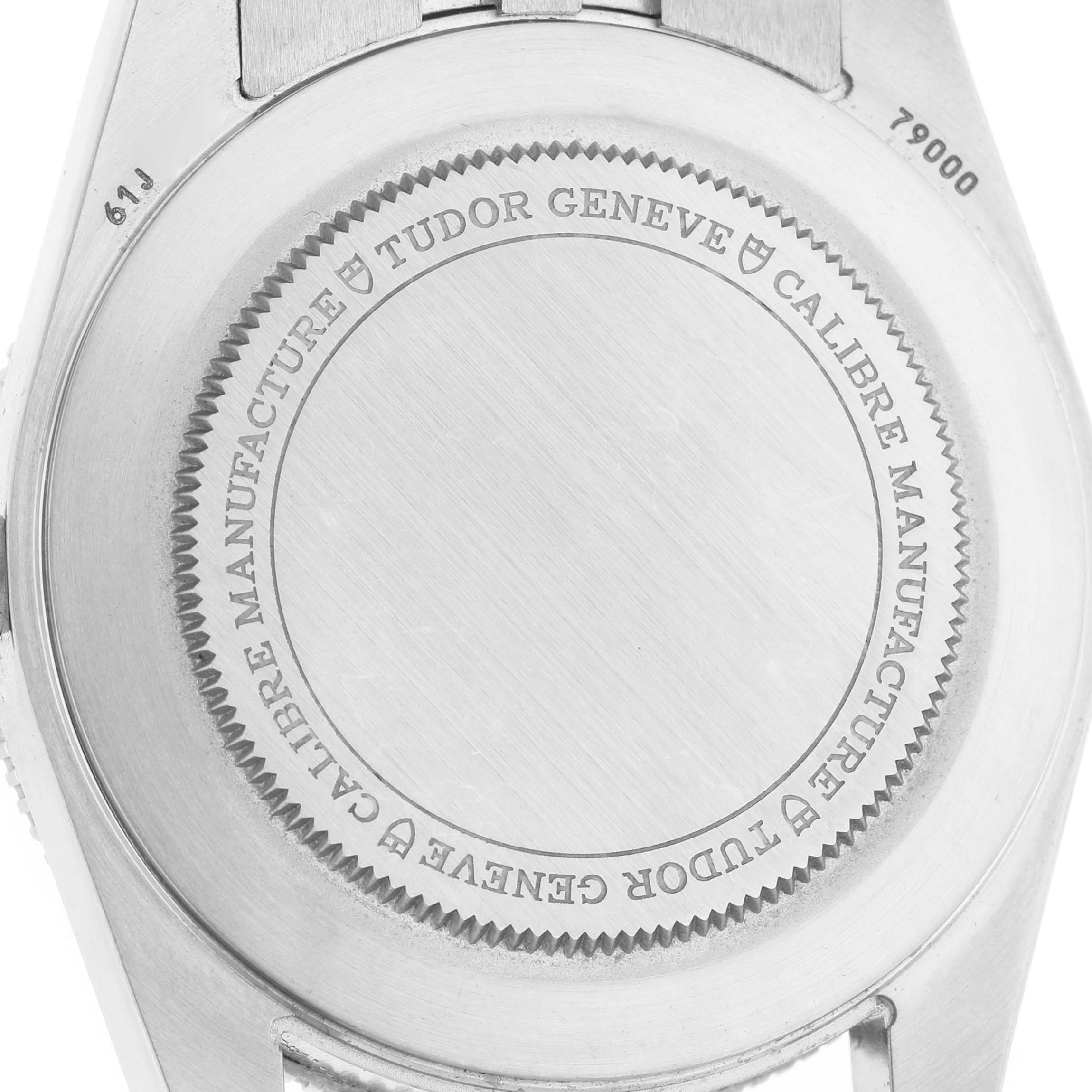 The image shows the case back of the Tudor Big Block M79000-0001 Men's Stainless Steel Blue Dial watch, featuring engraved branding and model information.