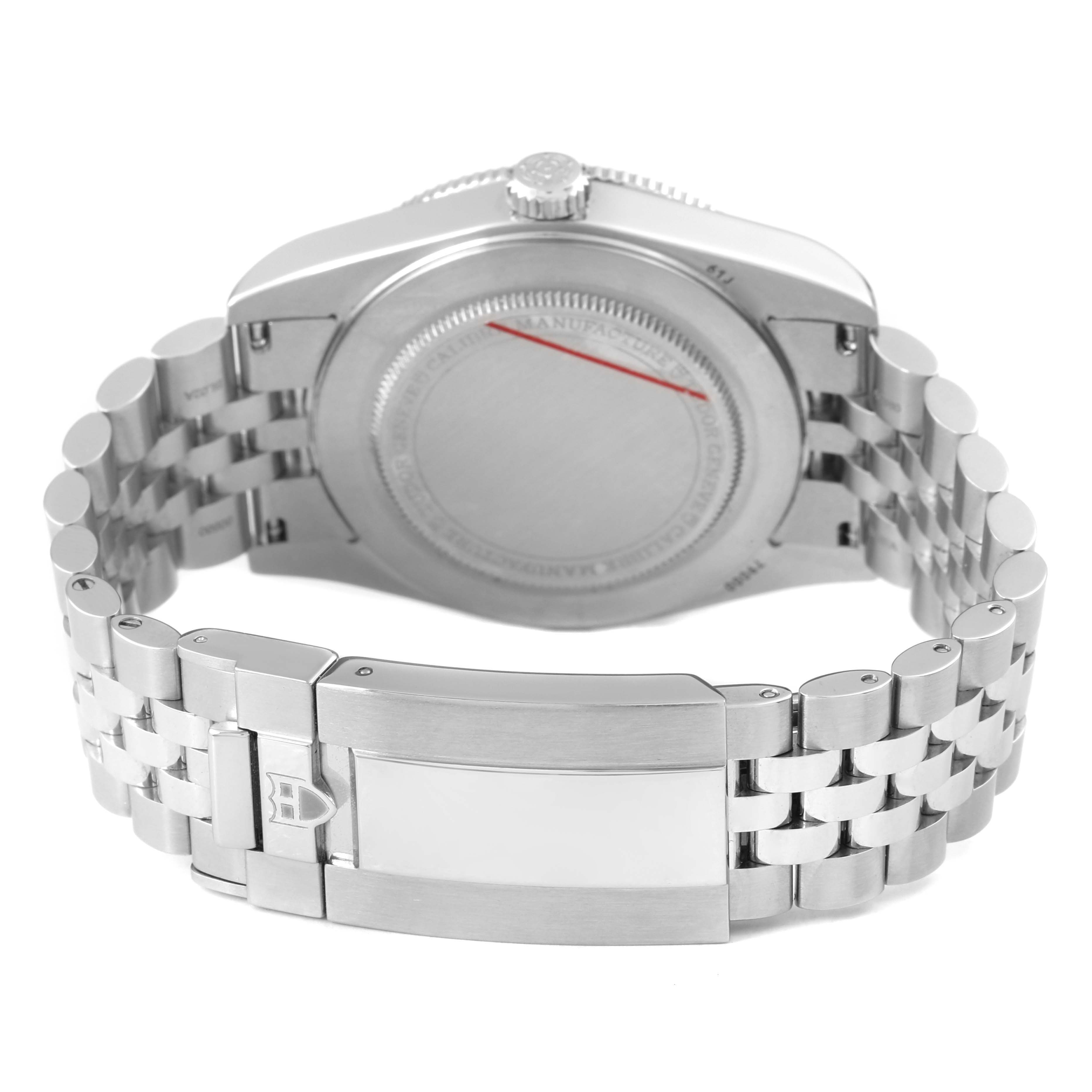 The Tudor Big Block M79000-0001 Men's Stainless Steel Blue Dial watch is shown from the back, highlighting the case back and stainless steel bracelet with a clasp.