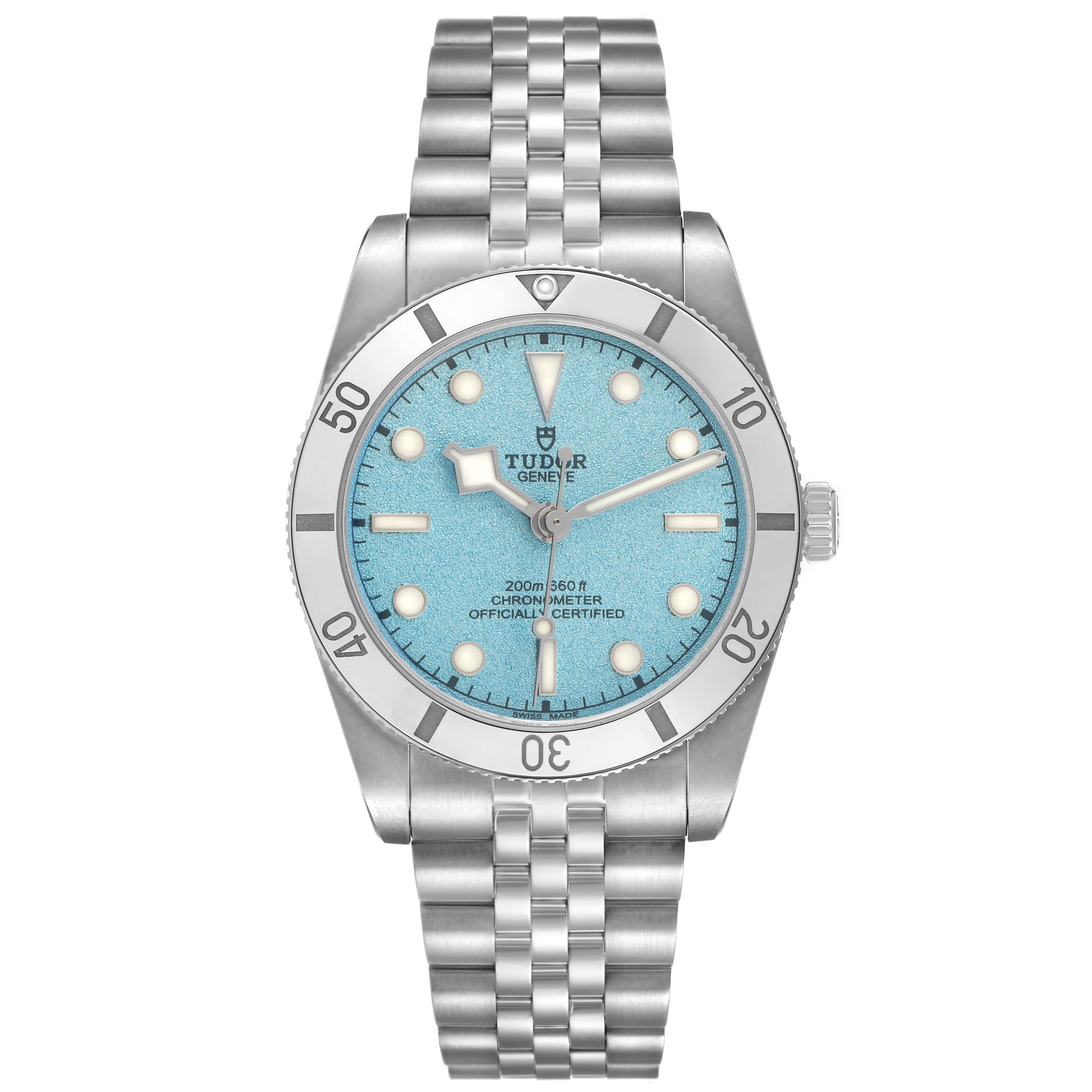 The Tudor Big Block M79000-0001 Men's Stainless Steel Blue Dial watch is shown from the front, displaying its turquoise dial, bezel, and stainless steel bracelet.