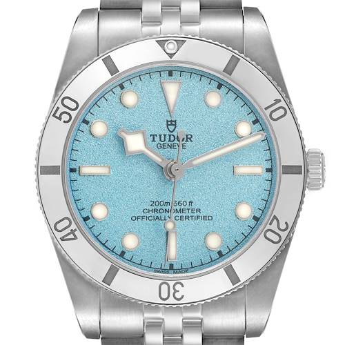 The image shows a frontal view of the Tudor Big Block M79000-0001 Men's Stainless Steel Blue Dial watch, highlighting its bezel, dial, and bracelet.