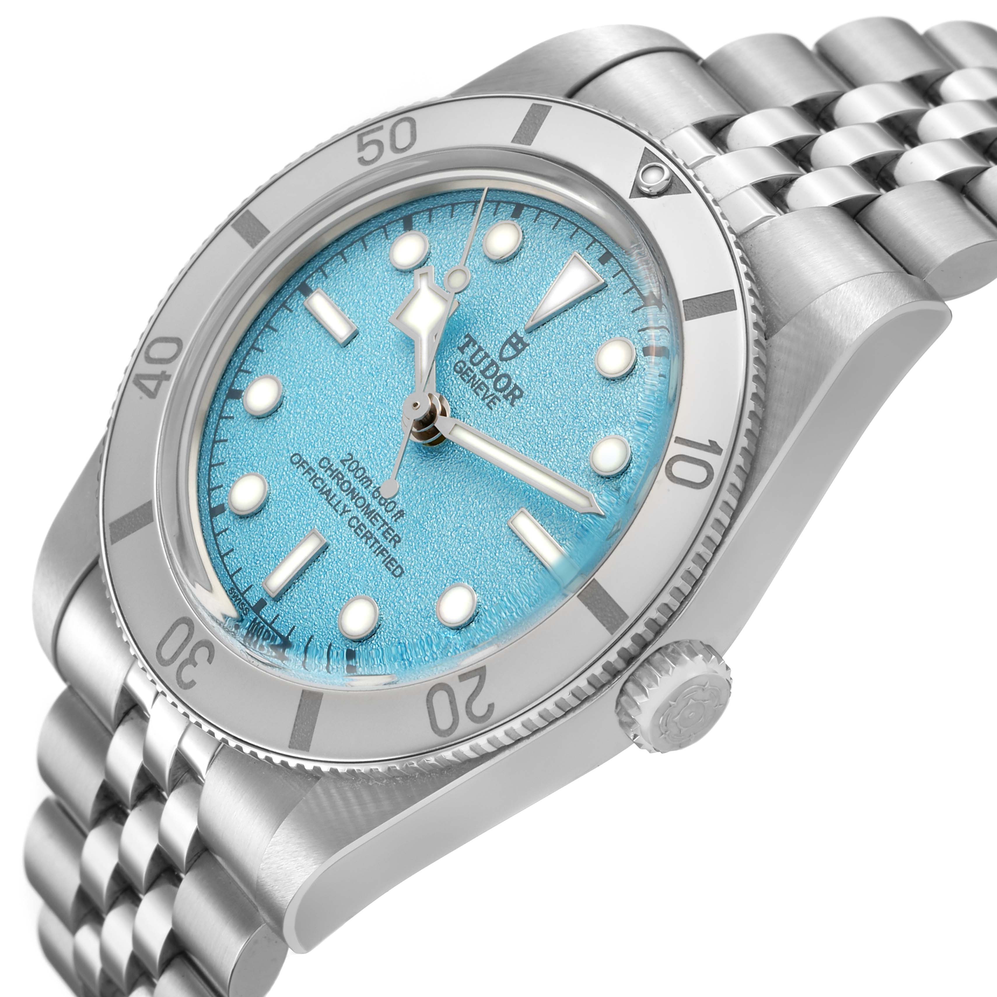 The Tudor Big Block M79000-0001 Men's Stainless Steel Blue Dial watch is shown at a three-quarter angle, highlighting its bezel, dial, crown, and bracelet.