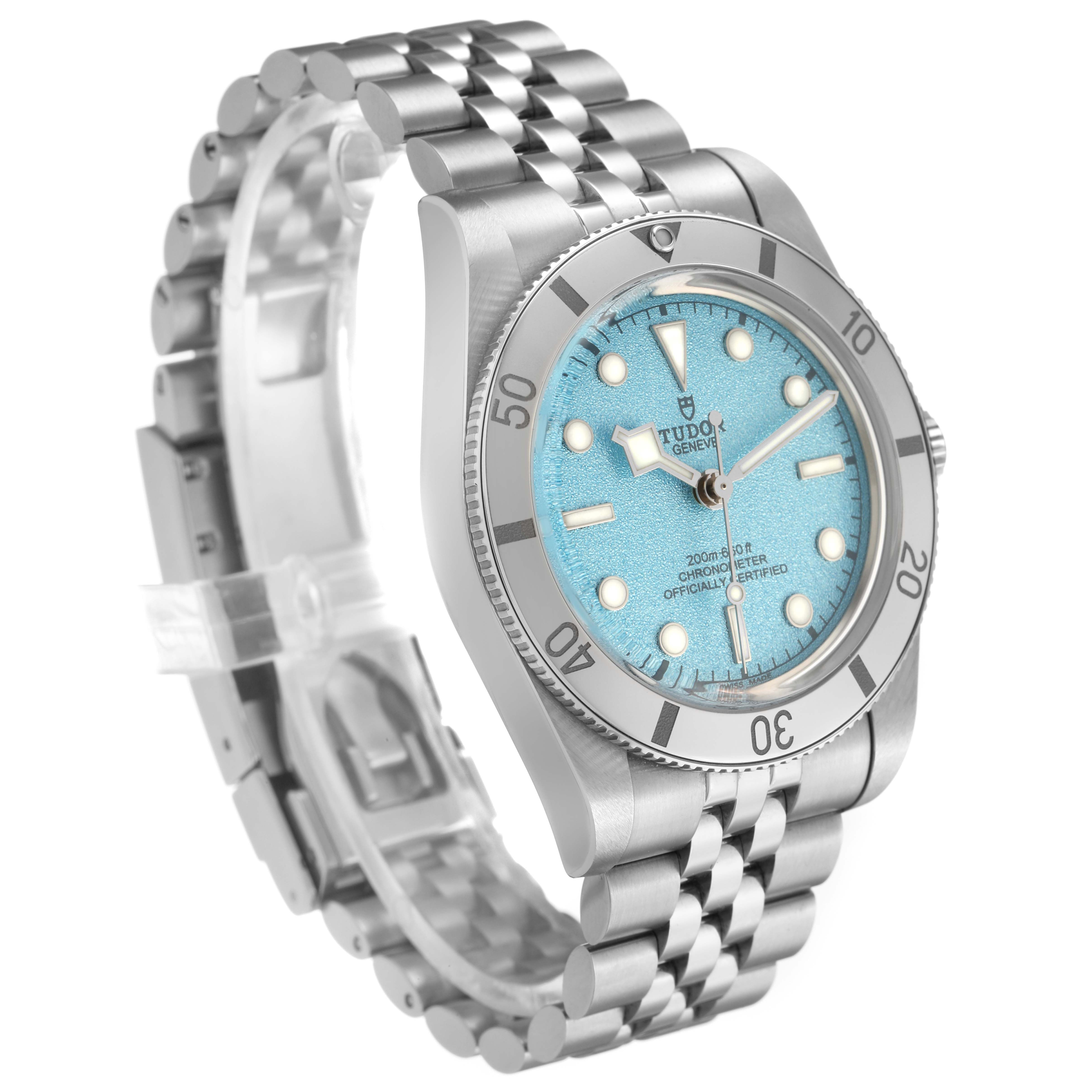 The Tudor Big Block M79000-0001 Men's Stainless Steel Blue Dial watch is shown from a three-quarter angle, highlighting the face, bezel, case, and bracelet.