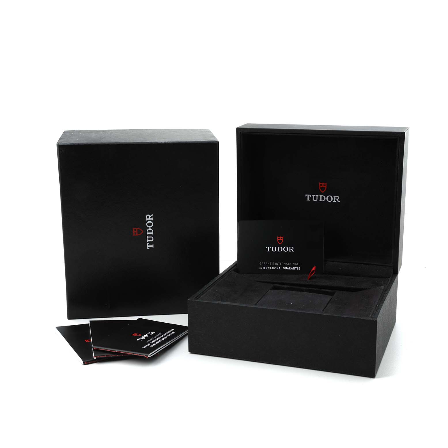 The image shows the Tudor Big Block M79000-0001 Men's Stainless Steel Blue Dial model's black packaging box with warranty booklets and inner case.