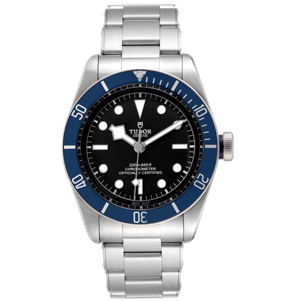 The image shows a frontal view of the Tudor Heritage Black Bay 79230B Men's Stainless Steel Black Dial 79230B Men's Stainless Steel Black Dial watch, featuring its dial, bezel, and bracelet.
