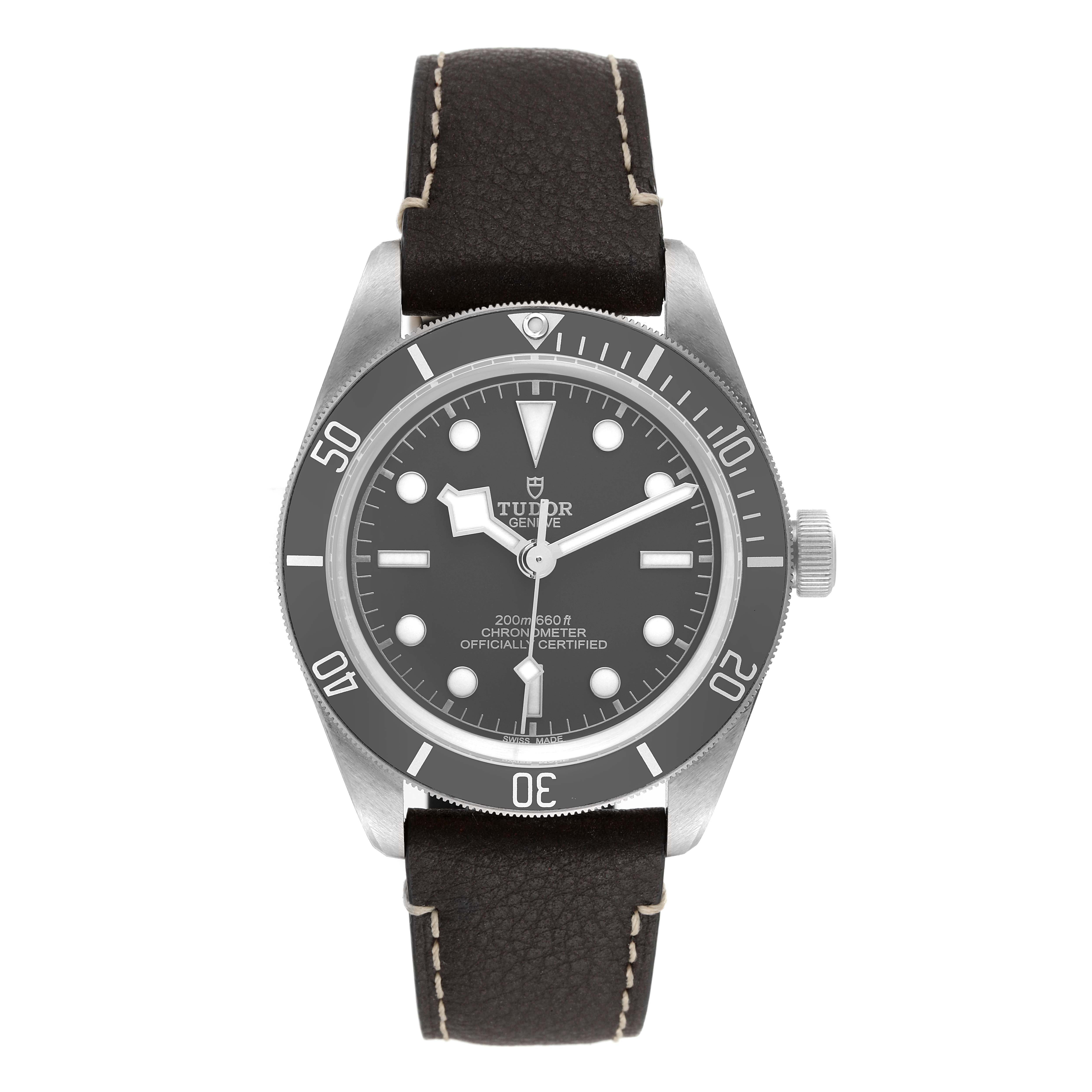 This is a front-view image of the Tudor Heritage Black Bay 79010SG Men's Stainless Steel Grey Dial 79010SG Men's Stainless Steel Grey Dial watch, showing its face, bezel, case, crown, and leather strap.