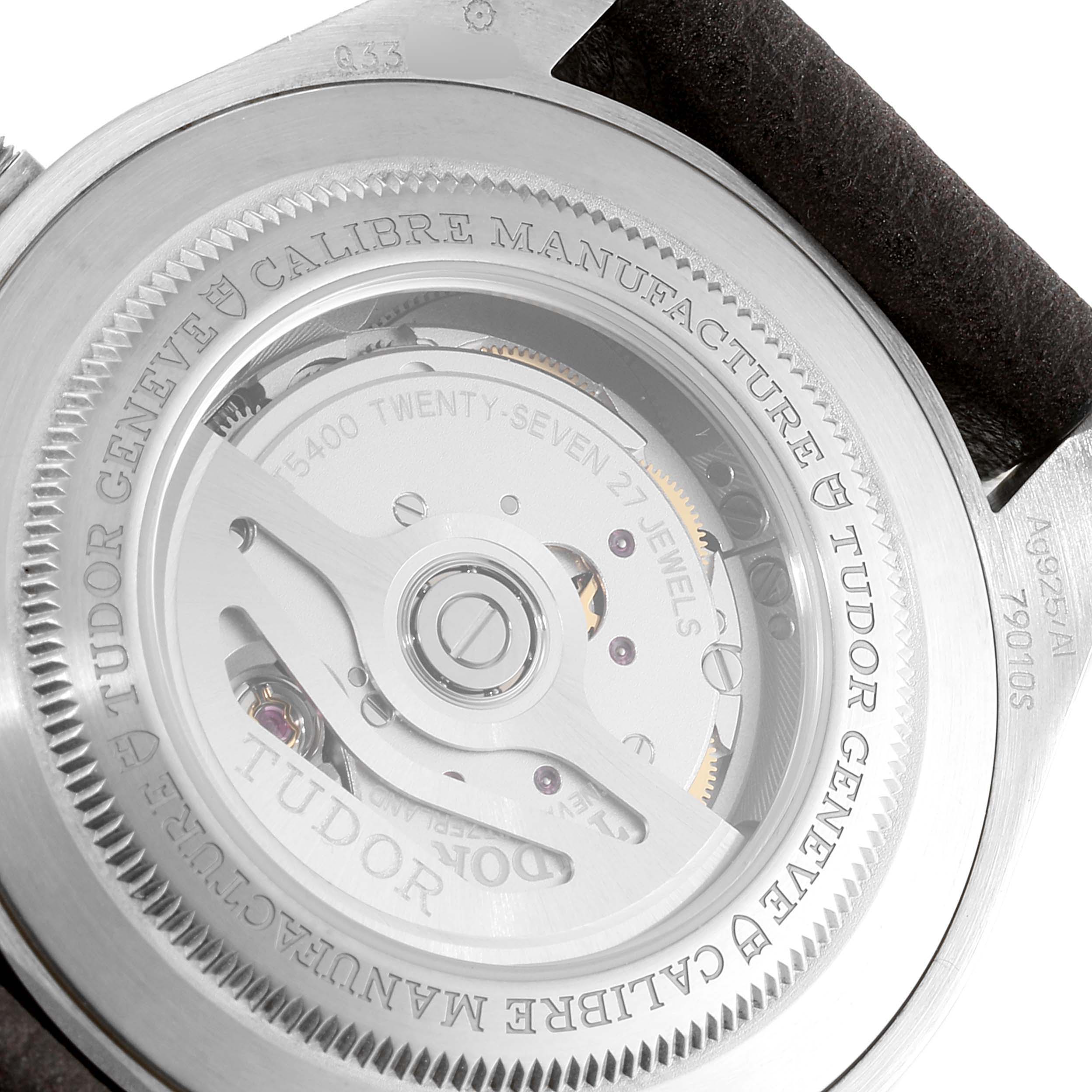 This image shows the back view of the Tudor Heritage Black Bay 79010SG Men's Stainless Steel Grey Dial 79010SG Men's Stainless Steel Grey Dial watch, highlighting its movement and case details.