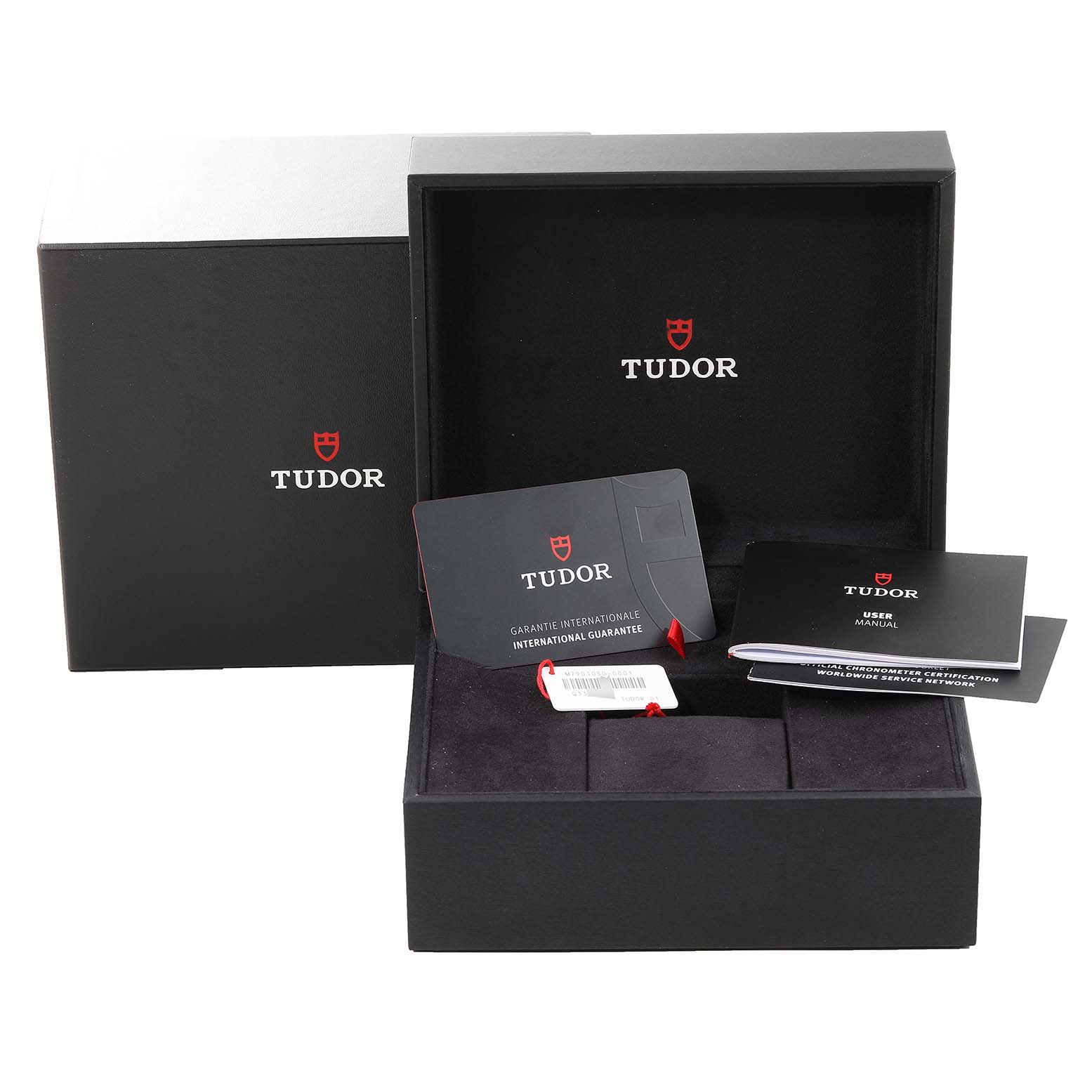 The image shows the opened box for the Tudor Heritage Black Bay 79010SG Men's Stainless Steel Grey Dial 79010SG Men's Stainless Steel Grey Dial watch along with warranty cards and manuals.