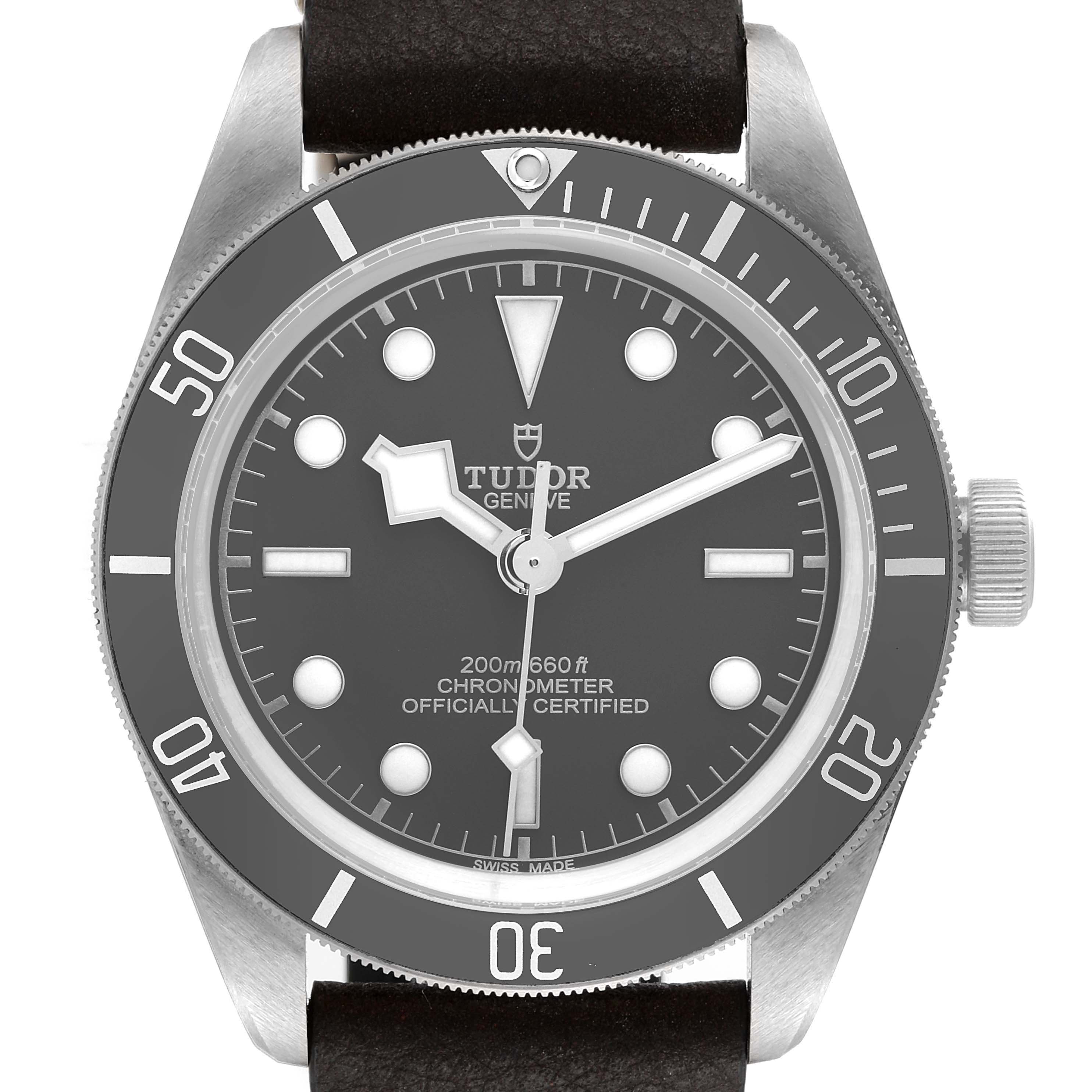 The image shows a front view of the Tudor Heritage Black Bay 79010SG Men's Stainless Steel Grey Dial 79010SG Men's Stainless Steel Grey Dial watch, displaying its dial, bezel, crown, and part of the strap.