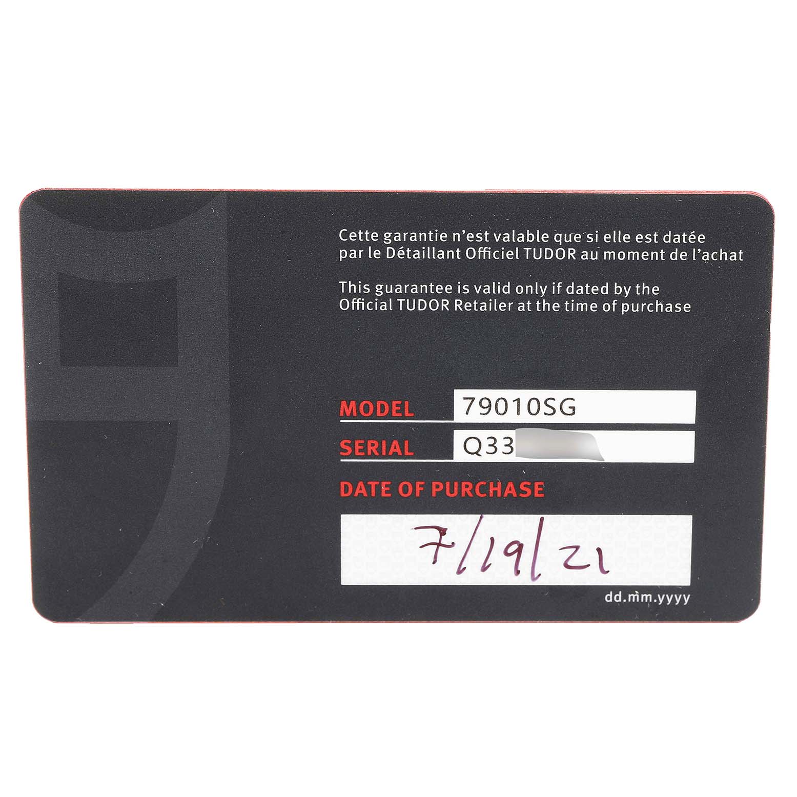 This image shows the warranty card for the Tudor Heritage Black Bay 79010SG Men's Stainless Steel Grey Dial 79010SG Men's Stainless Steel Grey Dial model 79010SG, including the serial number and purchase date.