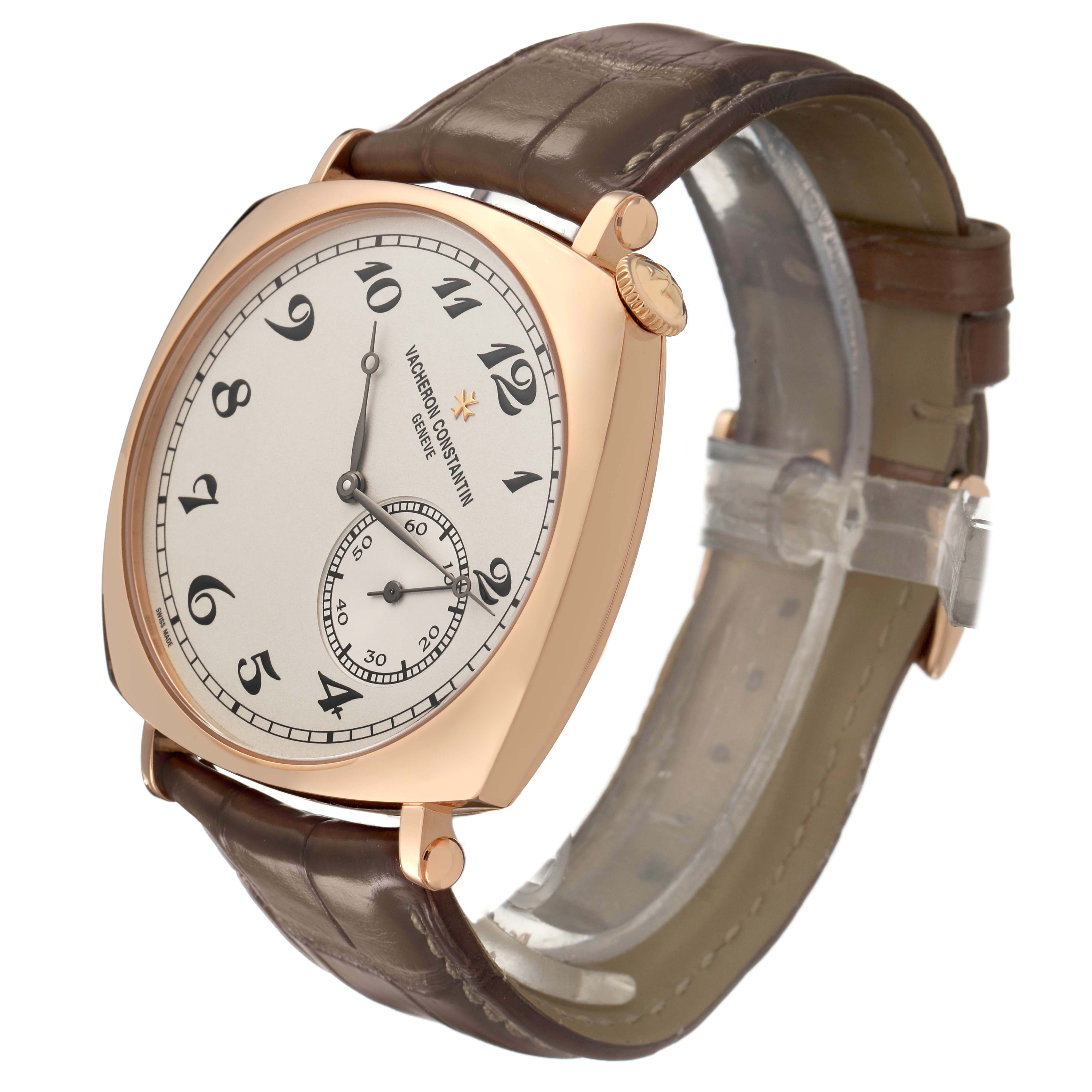 The Vacheron Constantin Historiques 82035/000R-9359 Men's Rose Gold Silver Dial watch is shown at a three-quarter angle, displaying the dial, crown, and part of the strap.