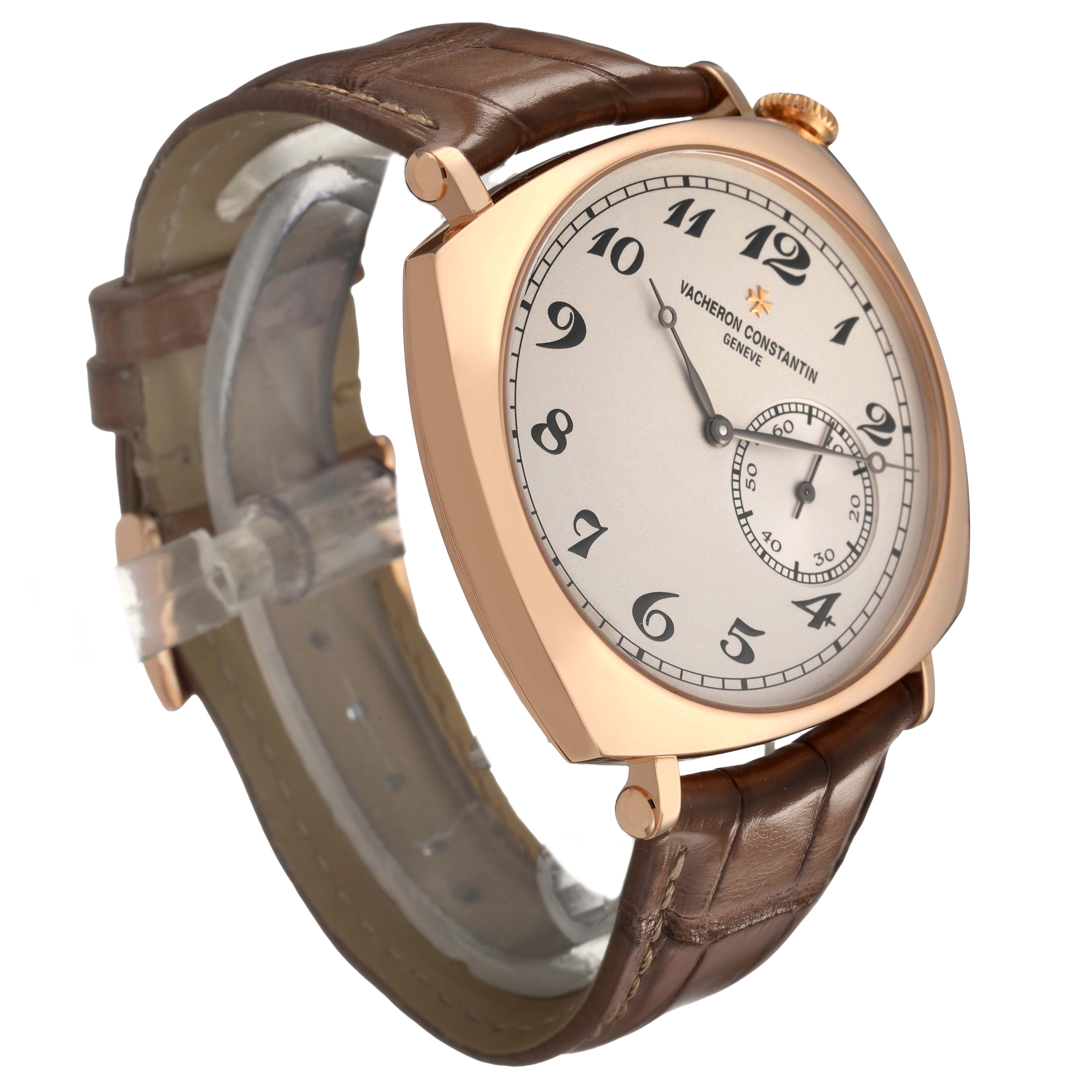 The Vacheron Constantin Historiques 82035/000R-9359 Men's Rose Gold Silver Dial watch is shown at a three-quarter angle, highlighting the face, crown, and leather strap.