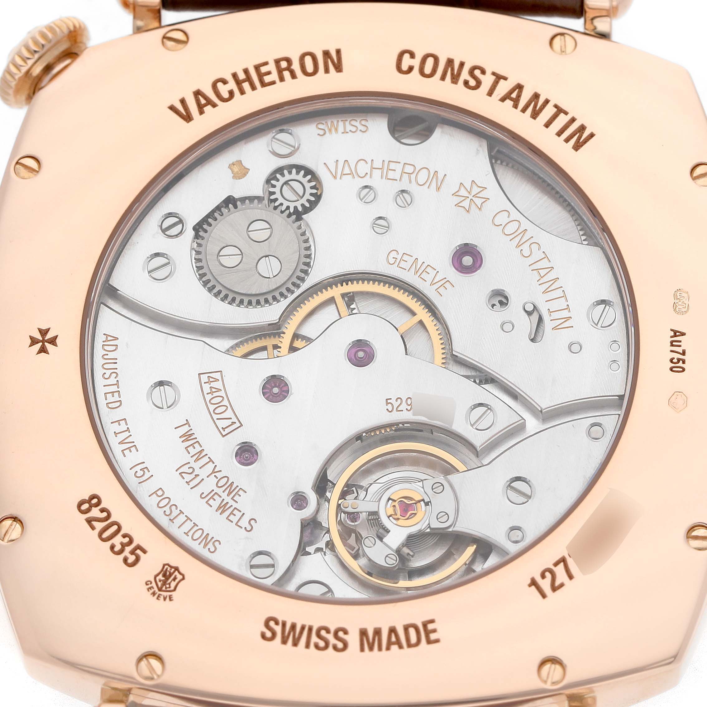 The image shows the back of a Vacheron Constantin Historiques 82035/000R-9359 Men's Rose Gold Silver Dial model, displaying the intricate movement and internal mechanics.