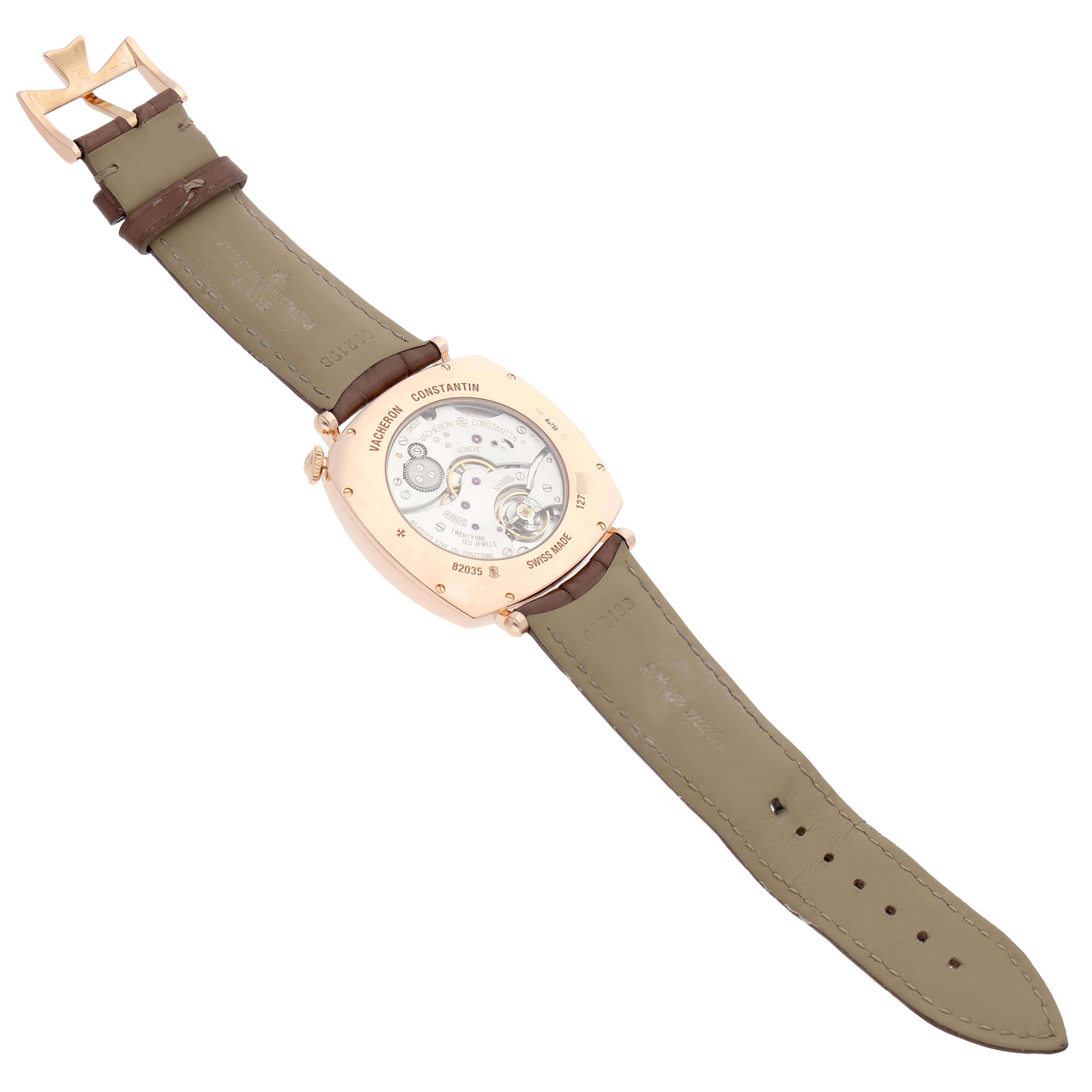 The image shows the back of a Vacheron Constantin Historiques 82035/000R-9359 Men's Rose Gold Silver Dial watch, highlighting the transparent case back and movement.