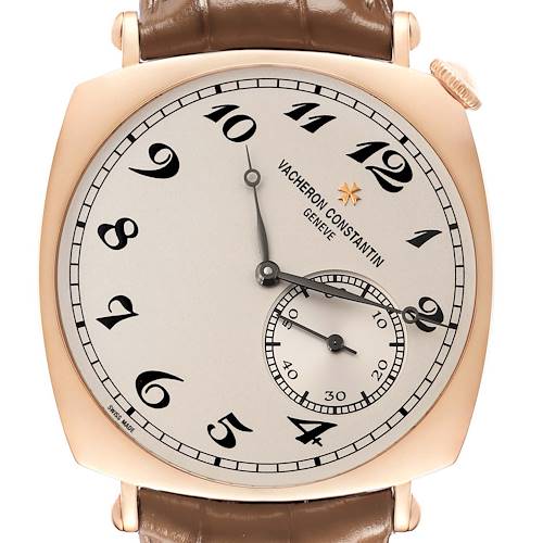 The Vacheron Constantin Historiques 82035/000R-9359 Men's Rose Gold Silver Dial watch is shown from a front angle, highlighting its dial, hands, numerals, and crown.