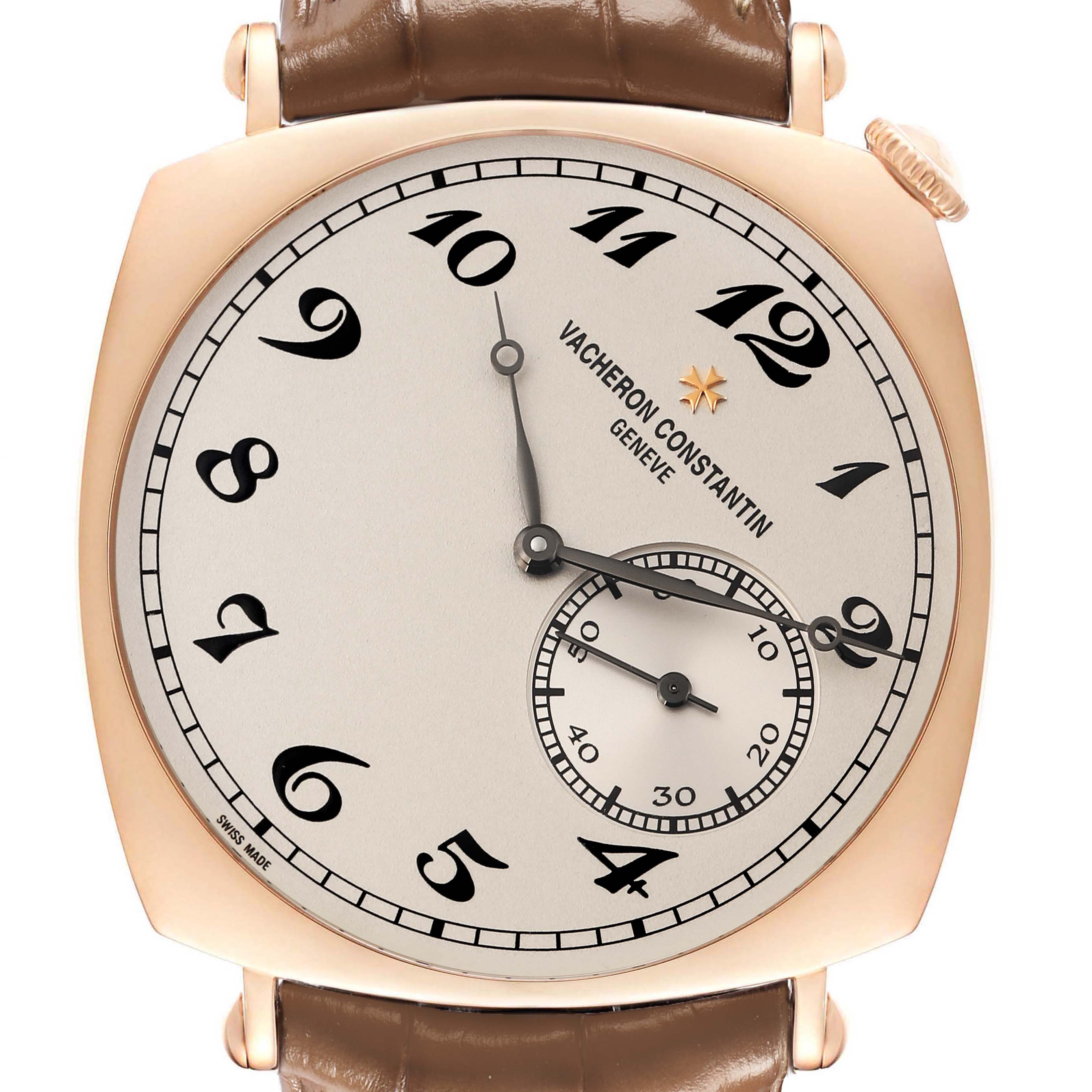 The Vacheron Constantin Historiques 82035/000R-9359 Men's Rose Gold Silver Dial watch is shown from a top-down angle, displaying the dial, numerals, hands, and crown.