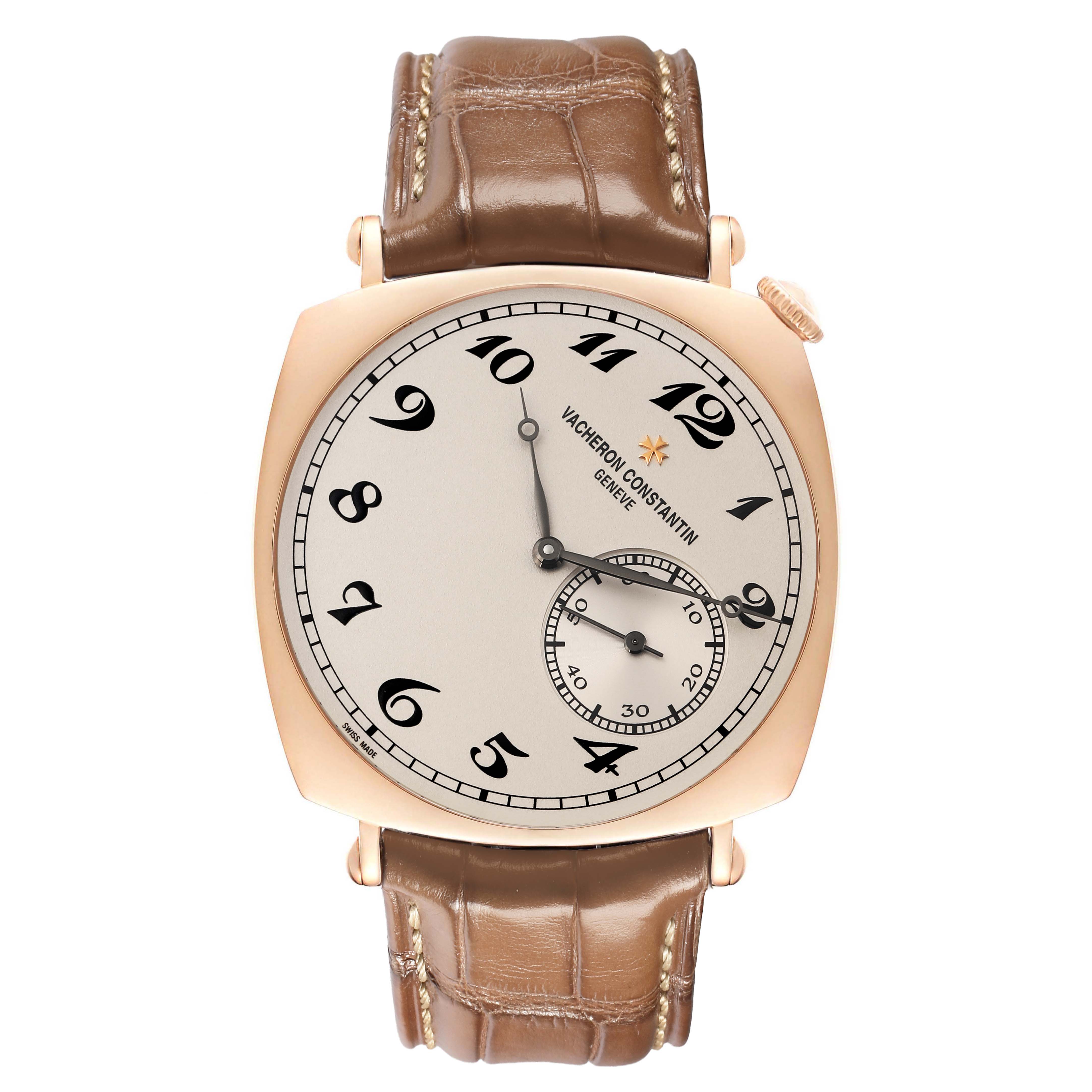 The image shows a Vacheron Constantin Historiques 82035/000R-9359 Men's Rose Gold Silver Dial watch from a top-down angle, highlighting the dial, case, and leather strap.