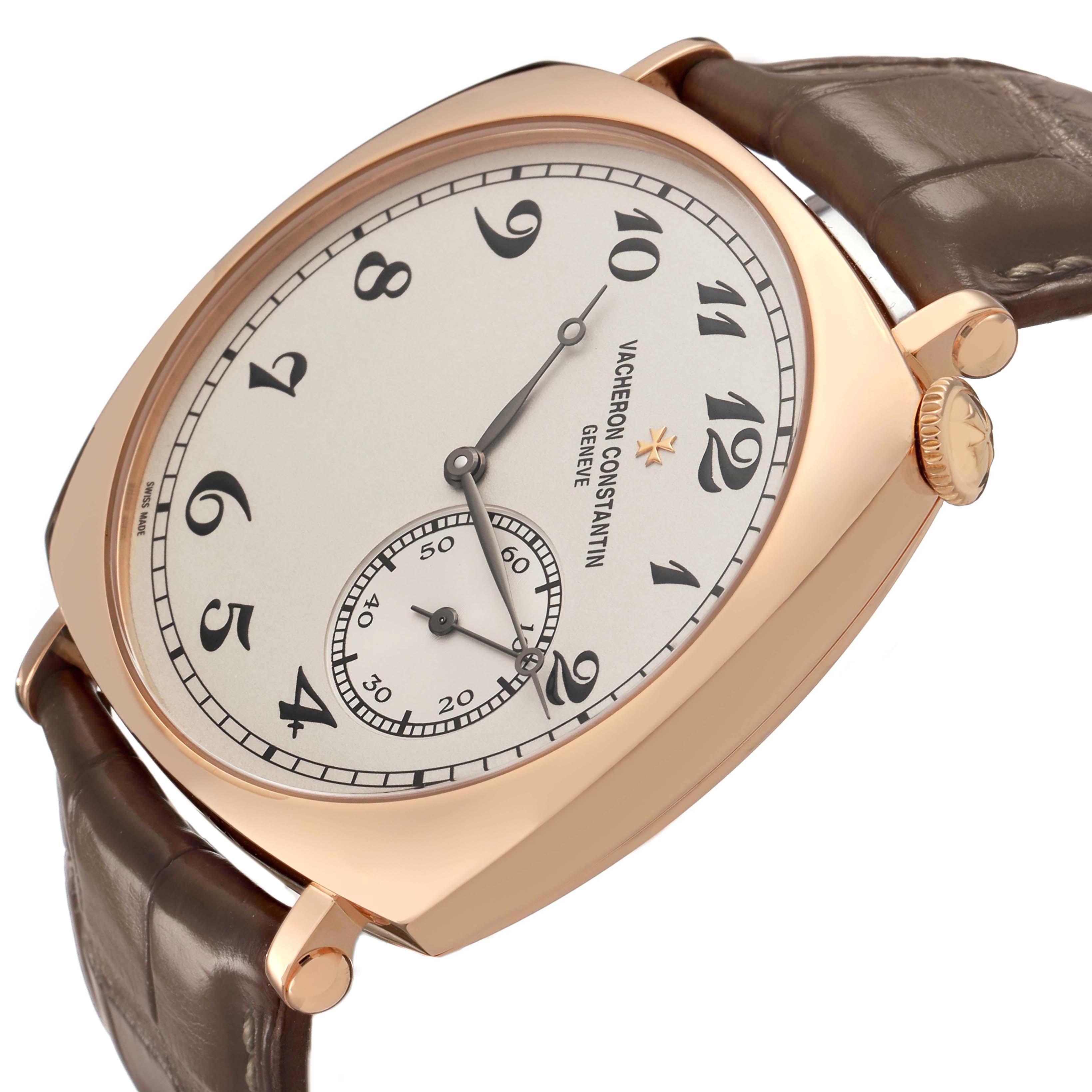 The Vacheron Constantin Historiques 82035/000R-9359 Men's Rose Gold Silver Dial watch is angled to show the dial, crown, and brown leather strap.
