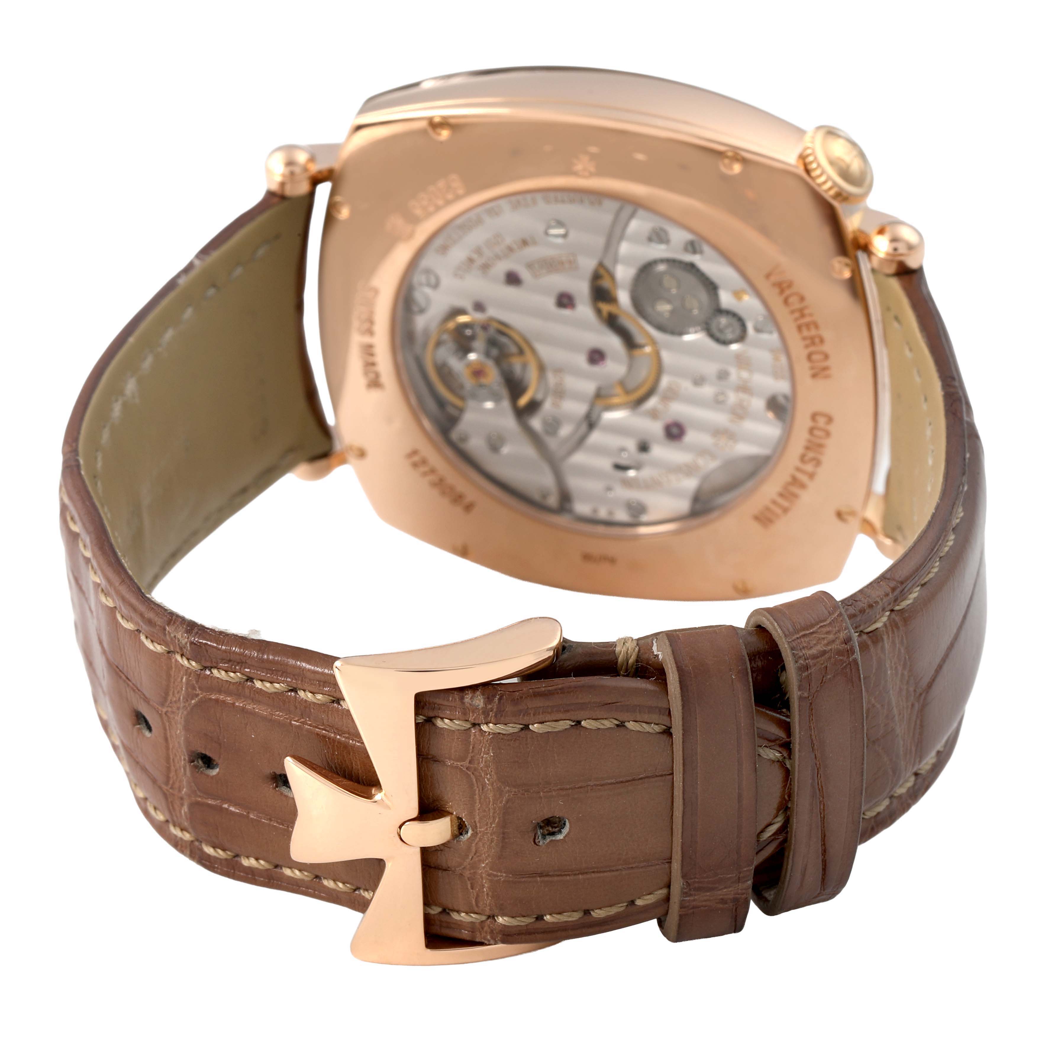 The image shows the back and side of a Vacheron Constantin Historiques 82035/000R-9359 Men's Rose Gold Silver Dial watch, highlighting its movement and leather strap.