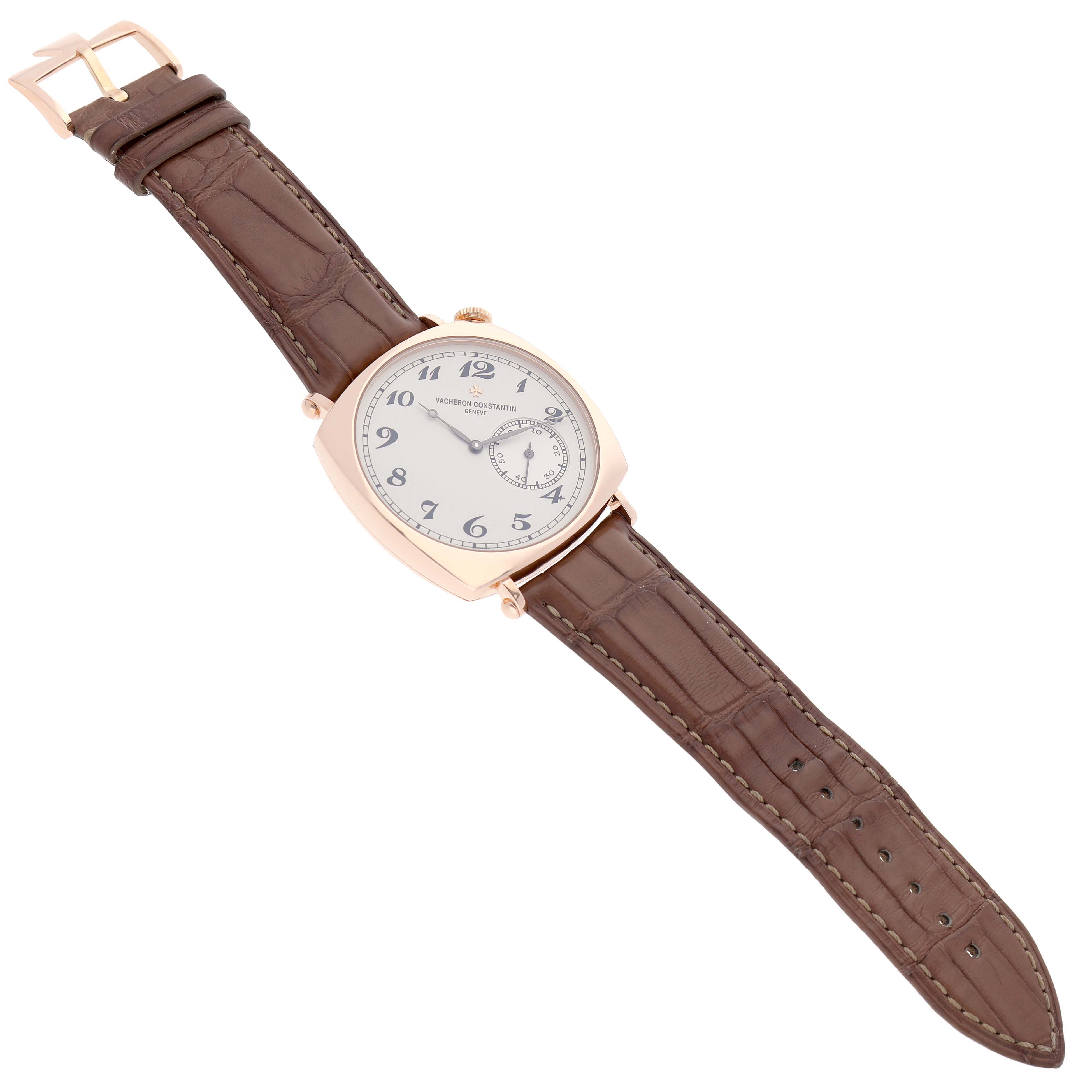 The Vacheron Constantin Historiques 82035/000R-9359 Men's Rose Gold Silver Dial watch is shown at a slight angle, displaying the case, dial, crown, and brown leather strap.