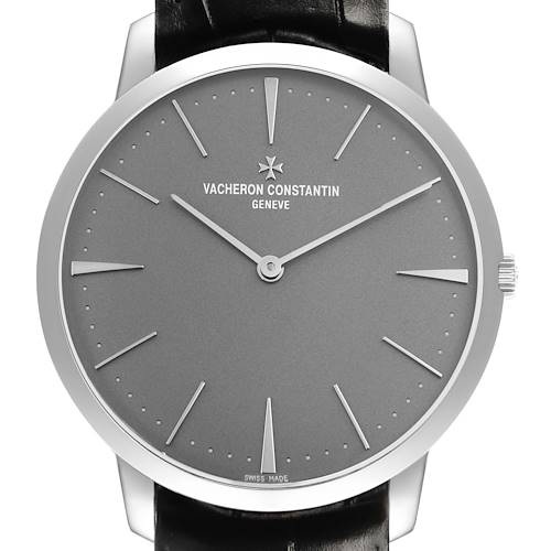 The Vacheron Constantin Patrimony 81180/000P-9539 Men's Platinum Grey Dial watch is shown from the front, displaying its dial, indices, hands, and part of the strap.