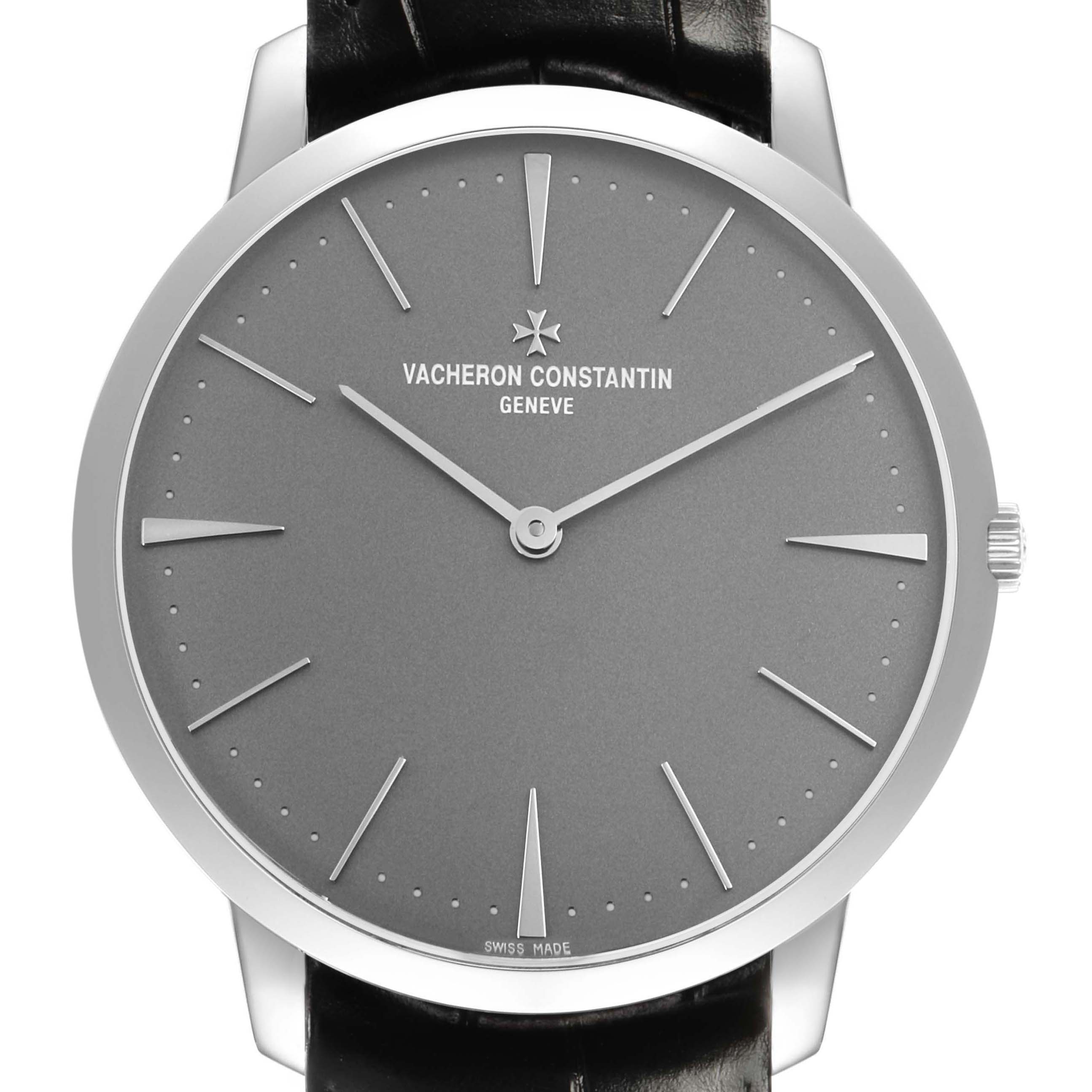 This image shows a front view of the Vacheron Constantin Patrimony 81180/000P-9539 Men's Platinum Grey Dial watch, highlighting its face, hour markers, and crown.