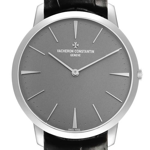 The Vacheron Constantin Patrimony 81180/000P-9539 Men's Platinum Grey Dial watch is shown from the front, highlighting the dial, hands, crown, and part of the strap.