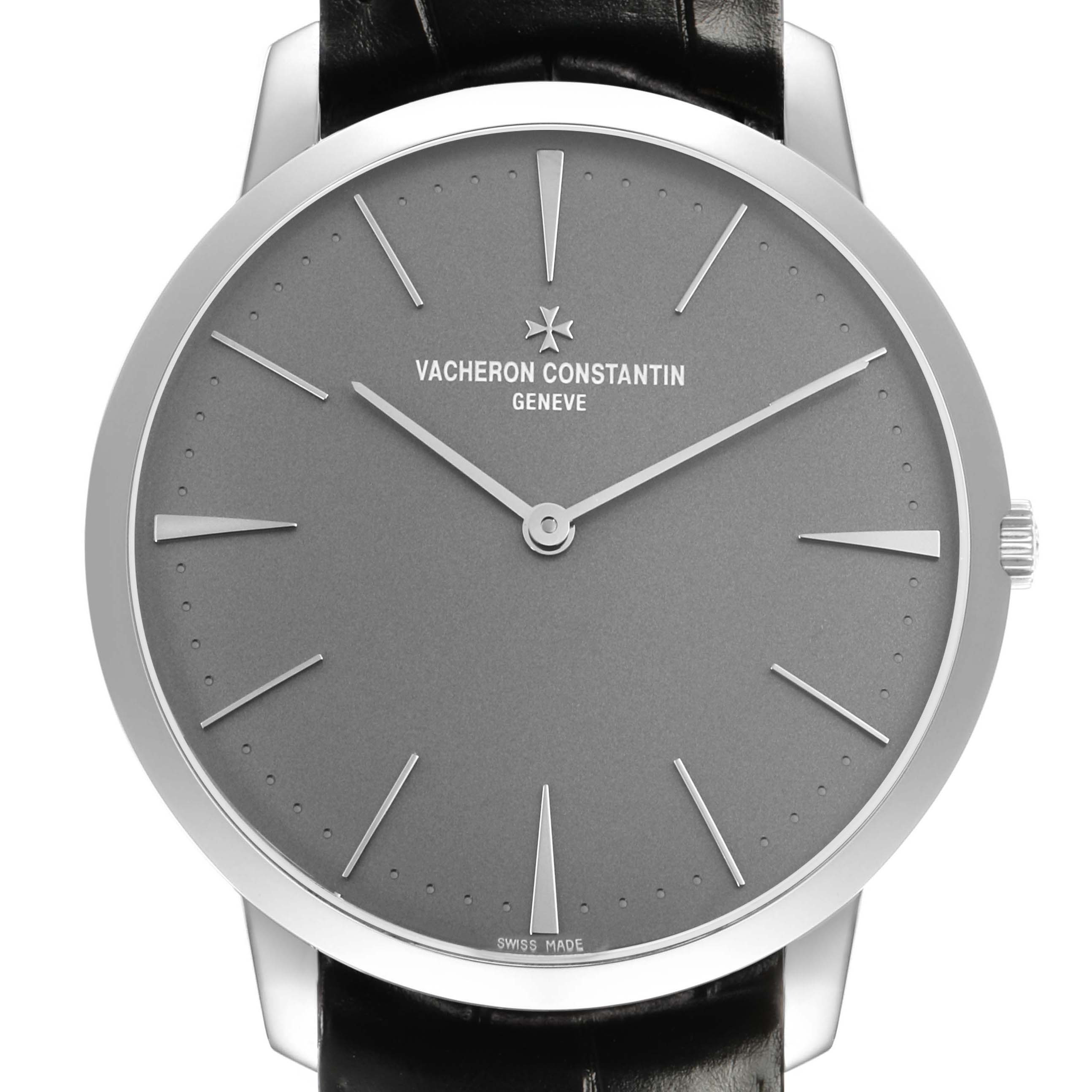 The image shows a front view of a Vacheron Constantin Patrimony 81180/000P-9539 Men's Platinum Grey Dial watch, highlighting its dial, hands, and crown.
