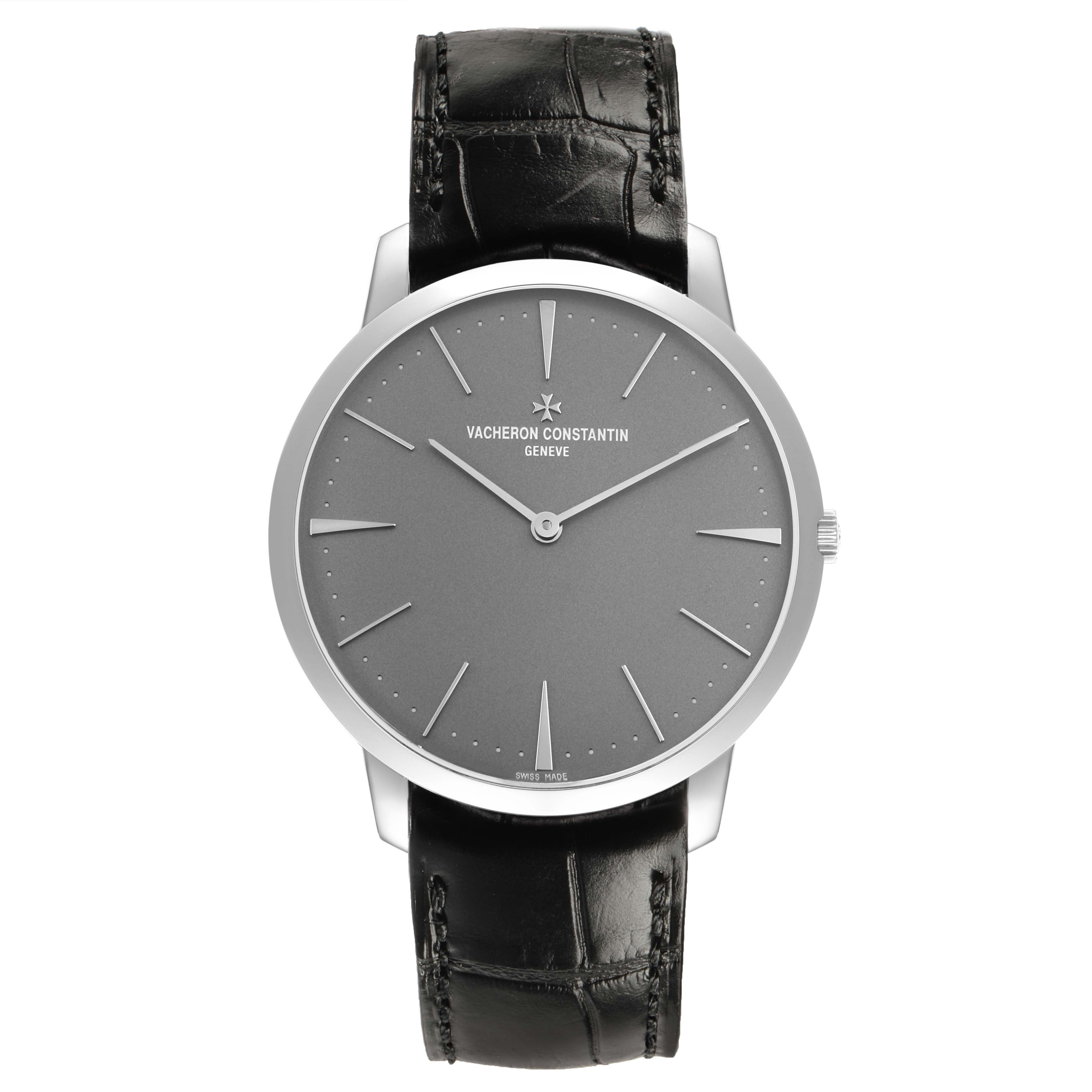 The Vacheron Constantin Patrimony 81180/000P-9539 Men's Platinum Grey Dial watch is shown from a front view, highlighting the dial, hands, and leather strap.