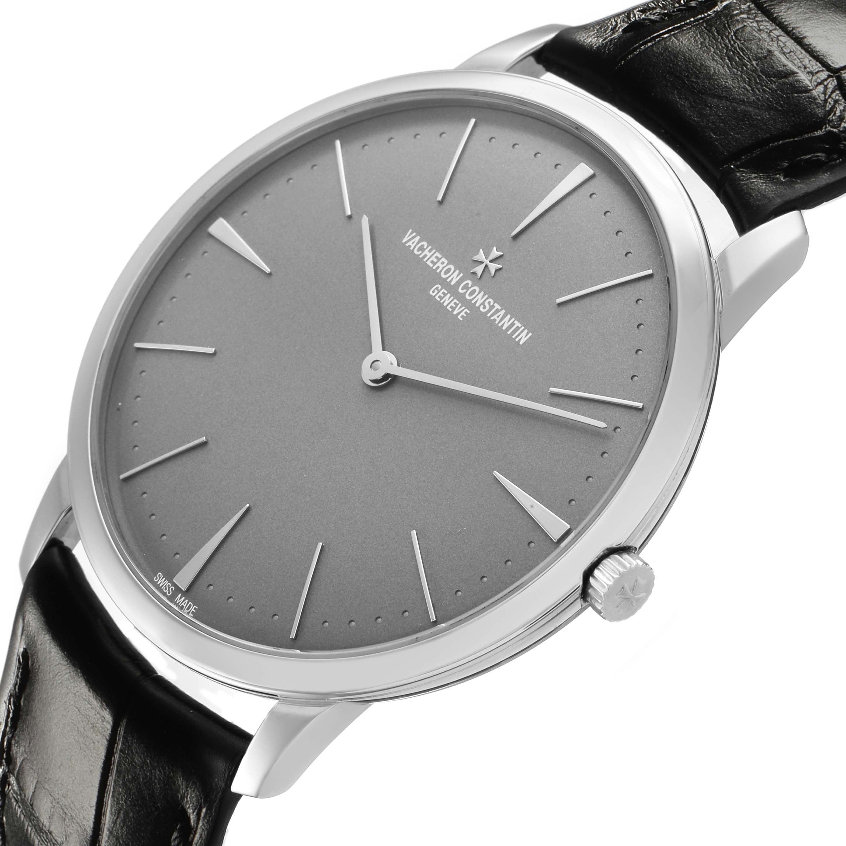 The Vacheron Constantin Patrimony 81180/000P-9539 Men's Platinum Grey Dial watch is shown at an angled view, displaying the dial, bezel, and part of the leather strap.